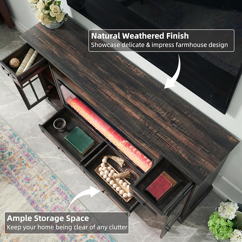 OKD 70" Farmhouse Fireplace TV Stand for 80 Inch TV, Dark Rustic Oak image 5