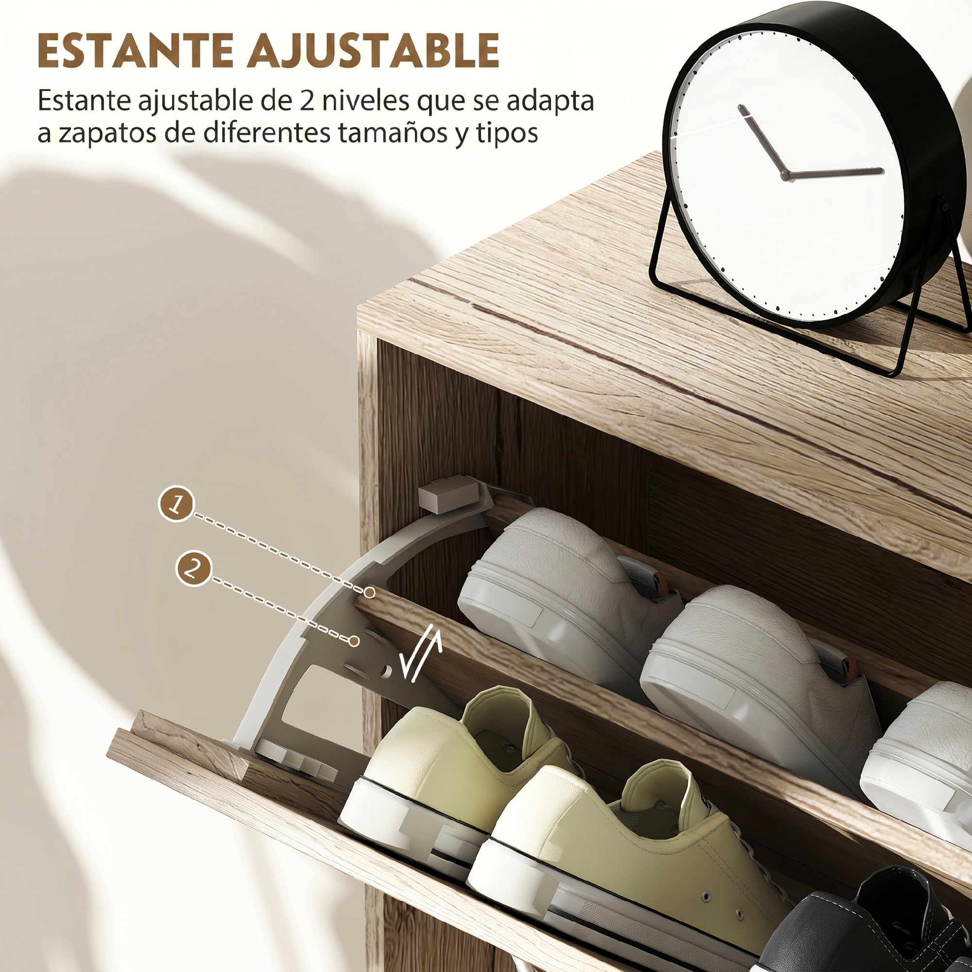 HOMCOM Zapatero Estrecho con 3 Puertas Abatibles, Zapatero Entrada Recibidor, Estantes Ajustables, para 12 Pares de Zapatos, para Pasillo, Espacios Reducidos, Roble