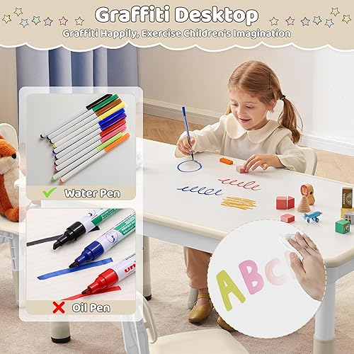 Miniatura 4 de Juego de mesa y 2 sillas para niños, mesa y sillas para niños pequeños de altura ajustable con escritorio de graffiti, 31.5 pulgadas de largo x 23.6