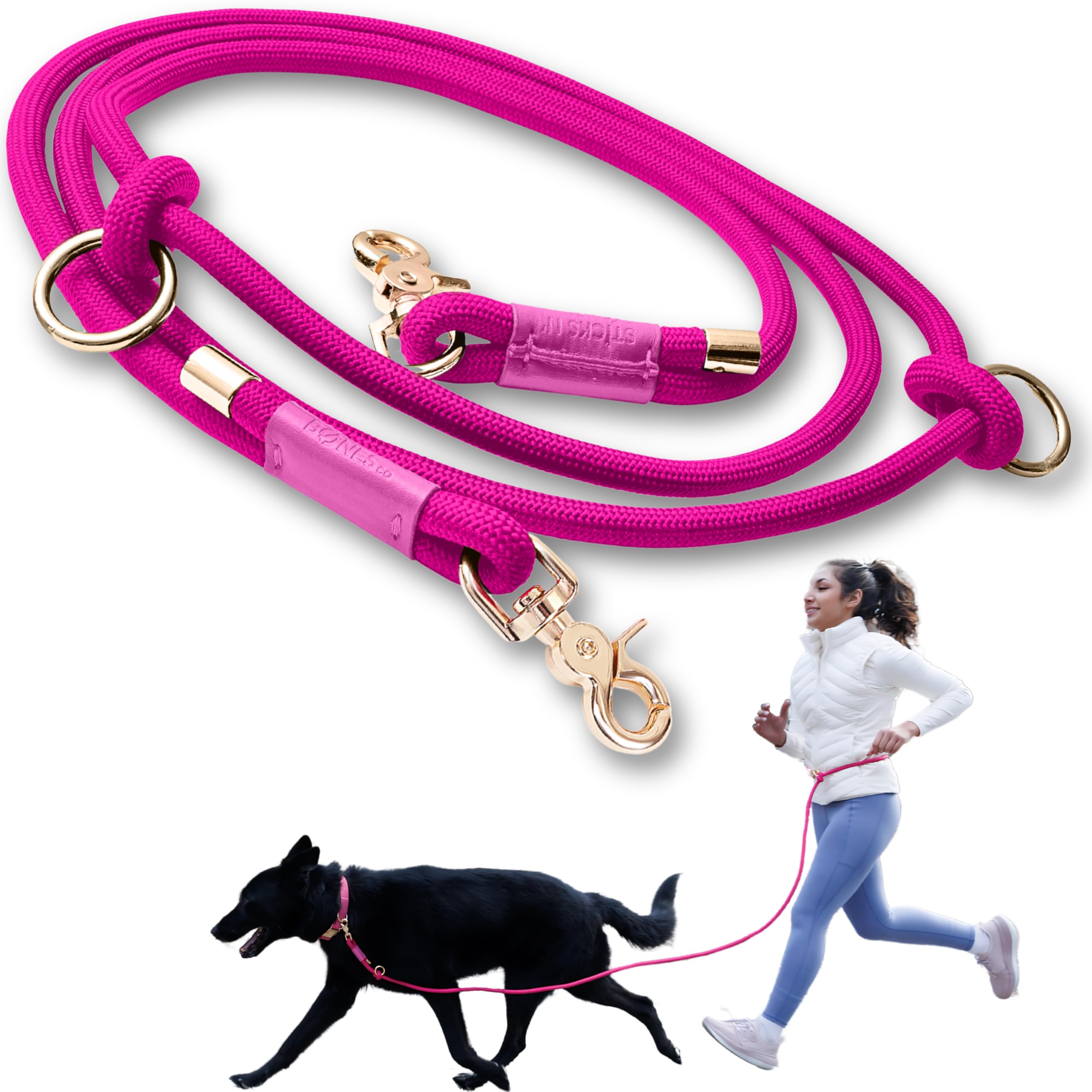 Sticks N' Bones co Correa de perro manos libres, correa de cintura para pasear al perro, correr, cruzado, multifuncional, longitudes ajustables, resistente, 2 perros, doble mango, correa deslizante