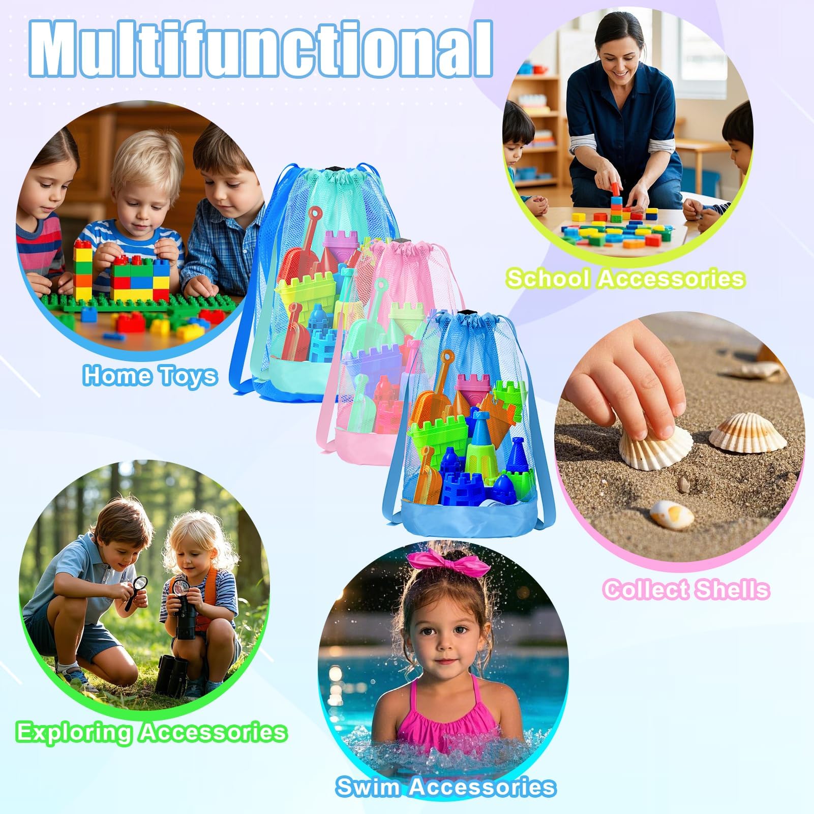 Bolsa Juguetes Playa Grande de Malla para Playa, Mochila Antiarena Infantil, Bolsa Malla, para Fiestas de Verano