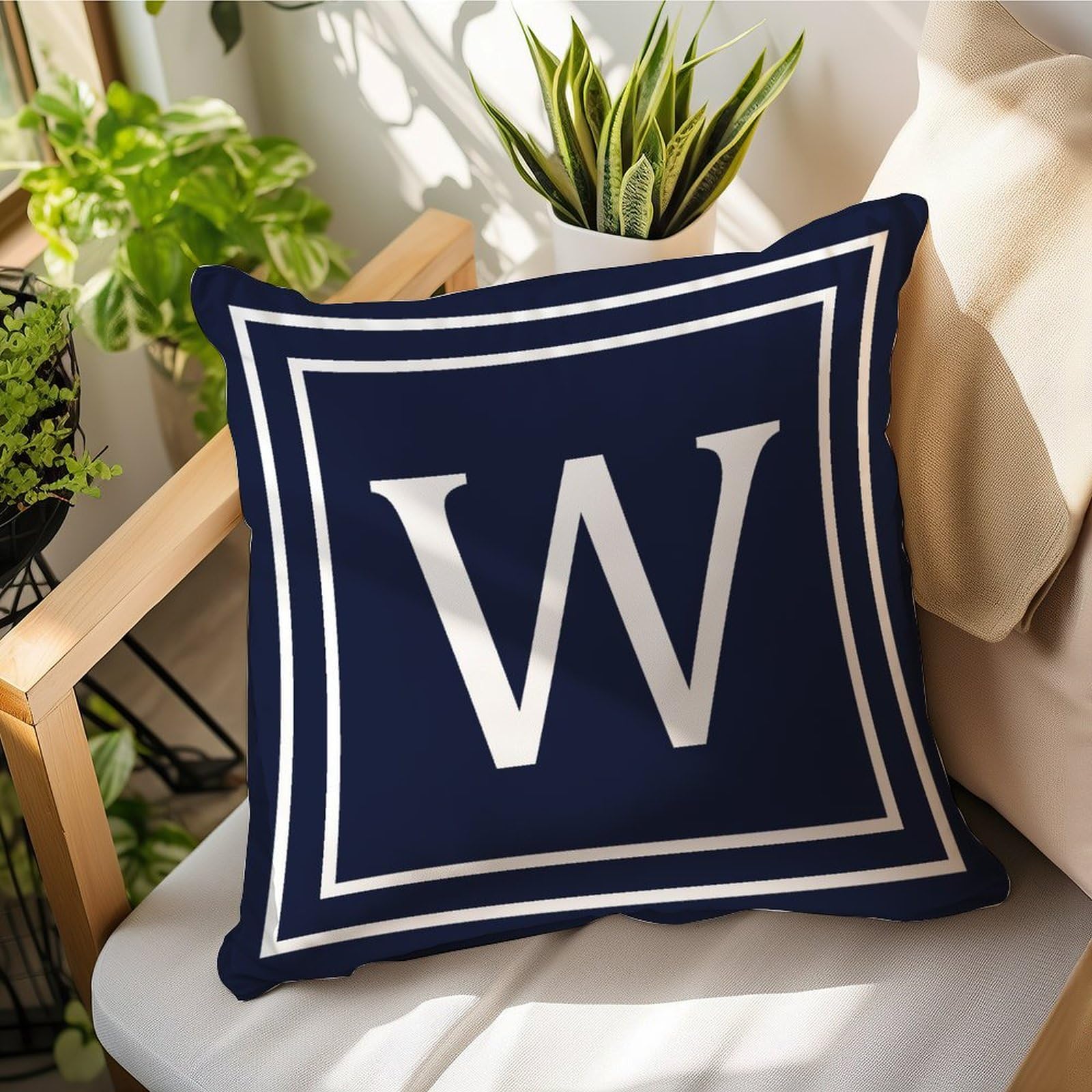 Madcolitote Navy Blue A-Z 26 Letter Pillow Case Monogram Initial Letters W Throw Pillow Farmhouse Cushion Cover Pillow Covers 16x16in Pillowcase Gifts for Mom Bridesmaid Bridal Shower