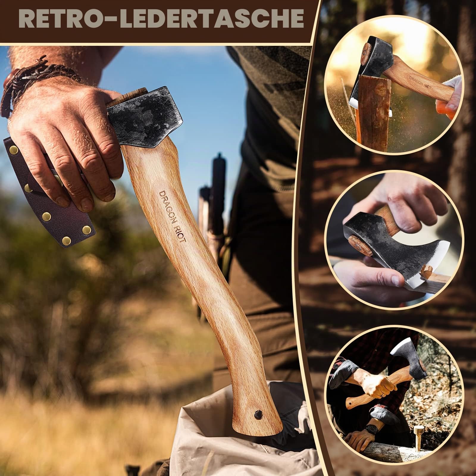 DRAGON RIOT Camping Axt mit Scheide, 33cm Beil zum Holzspalten für Outdoor