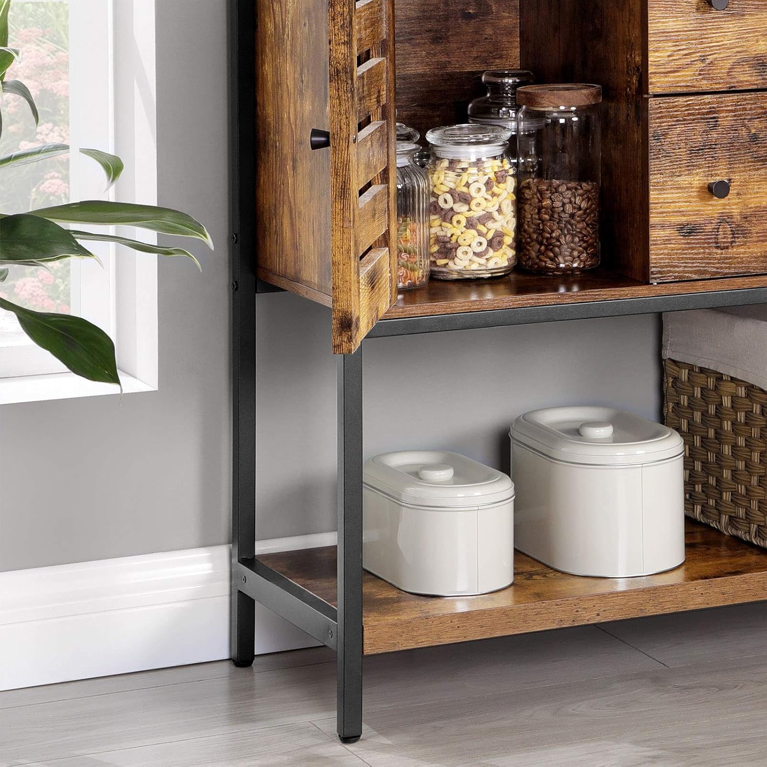 VASAGLE Lowell Storage Cabinet, Buffet Table, Floor Cabinet and Sideboard with 2 Drawers, 2 Cupboards, and Shelf, for Living Room, Kitchen, Industrial, Rustic Brown and Black ULSC082B01