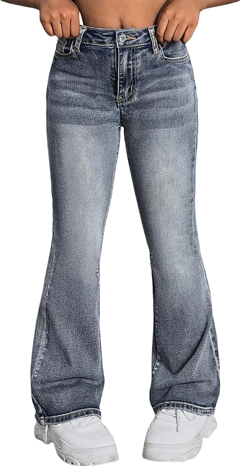 Girls Jeans Flare High Elastic Waist Denim Pants Bell Bottom Stretch Cute Y2K Streetwear with Pockets 7-14Y
