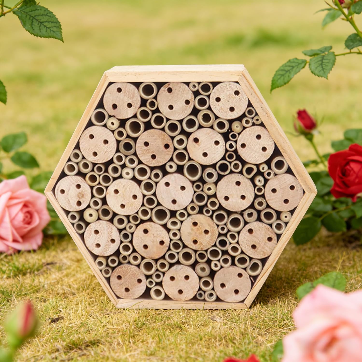 Mason Bee House, Natural Wooden Hexagon Bee House with Metal Stake & Cleaning Brush, Hanging Bees Box Habitat to Attract Pollinators, Garden Decoration, Gift for Bee Lovers image 5