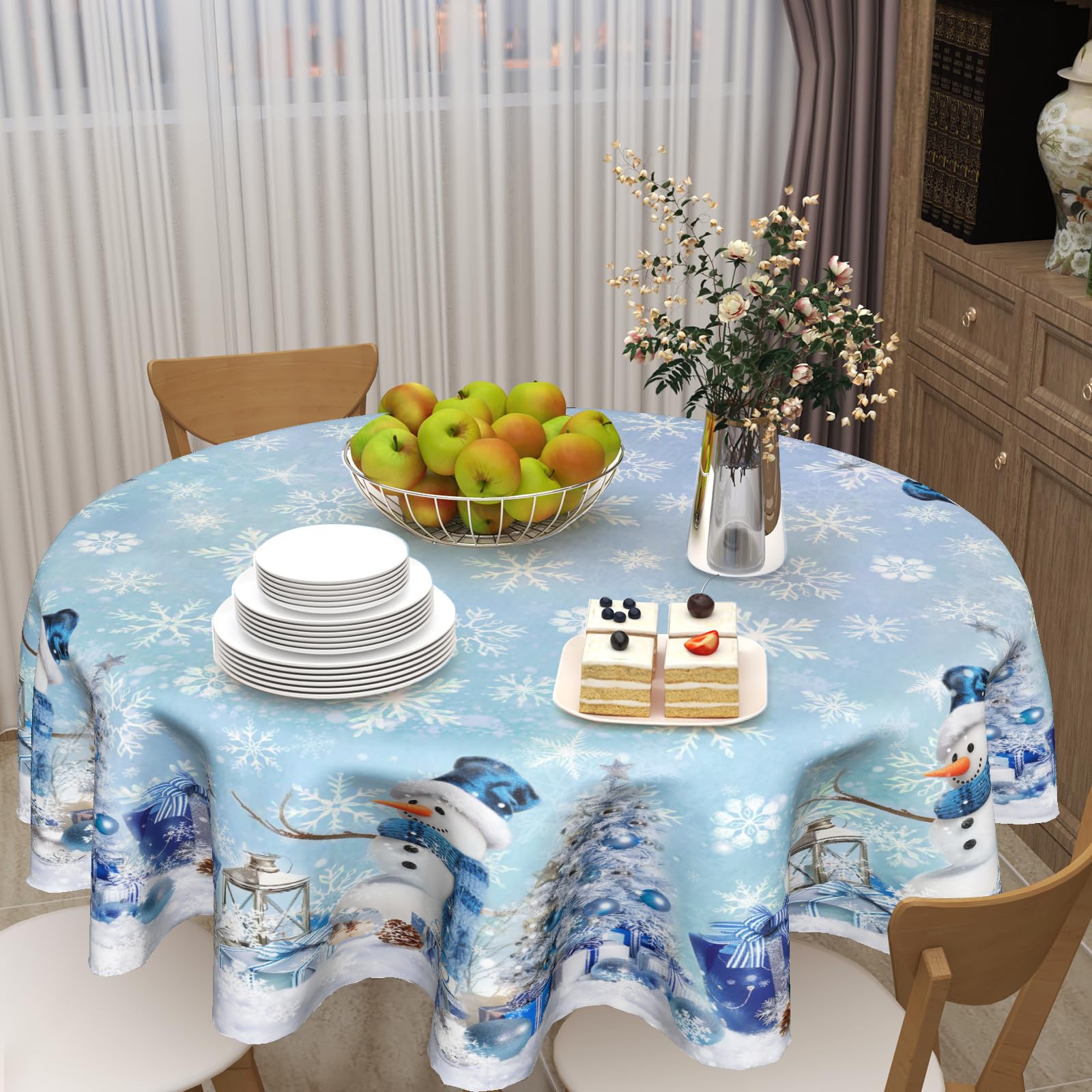 Giwawa Winter Snowflakes Round Tablecloth – 60 Inch Blue White Christmas Table Cover, Polyester Waterproof For Holiday Decor