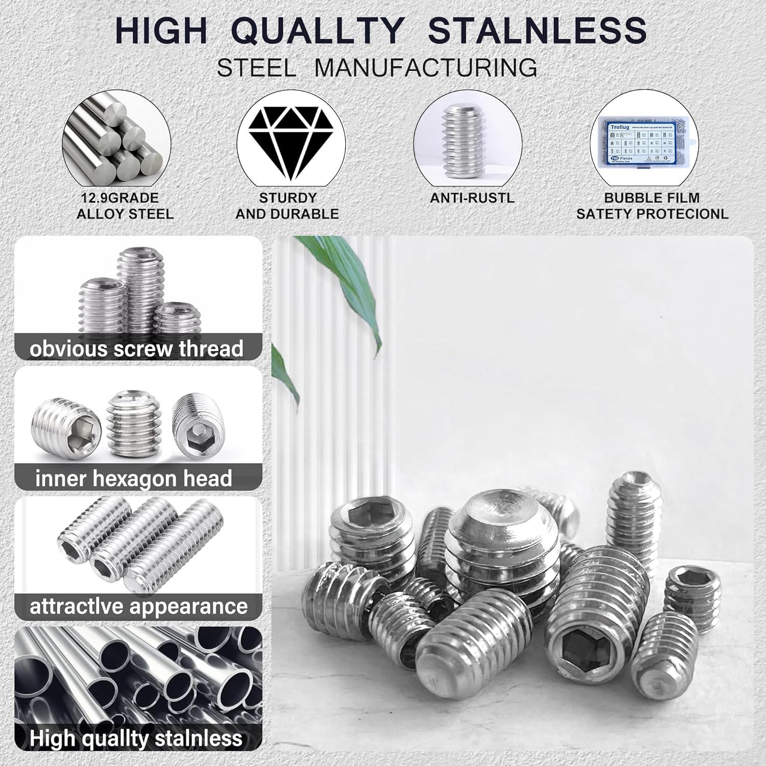 1305PCS Metric + SAE Set Screw Assortment Kit, Internal Hex Drive Headless Set Screw Assortment Kit with 10 Hex Wrenches, M3 to M8 and 1/8-40 to 5/16-18 (304 Stainless Steel)