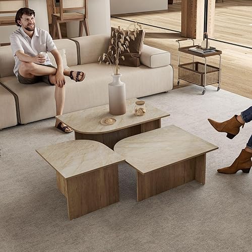 Miniatura 3 de Juego de mesas auxiliares modernas de 3 piezas, parte superior de mármol sintético y patas de madera de nogal, mesa de té rectangular de mediados de