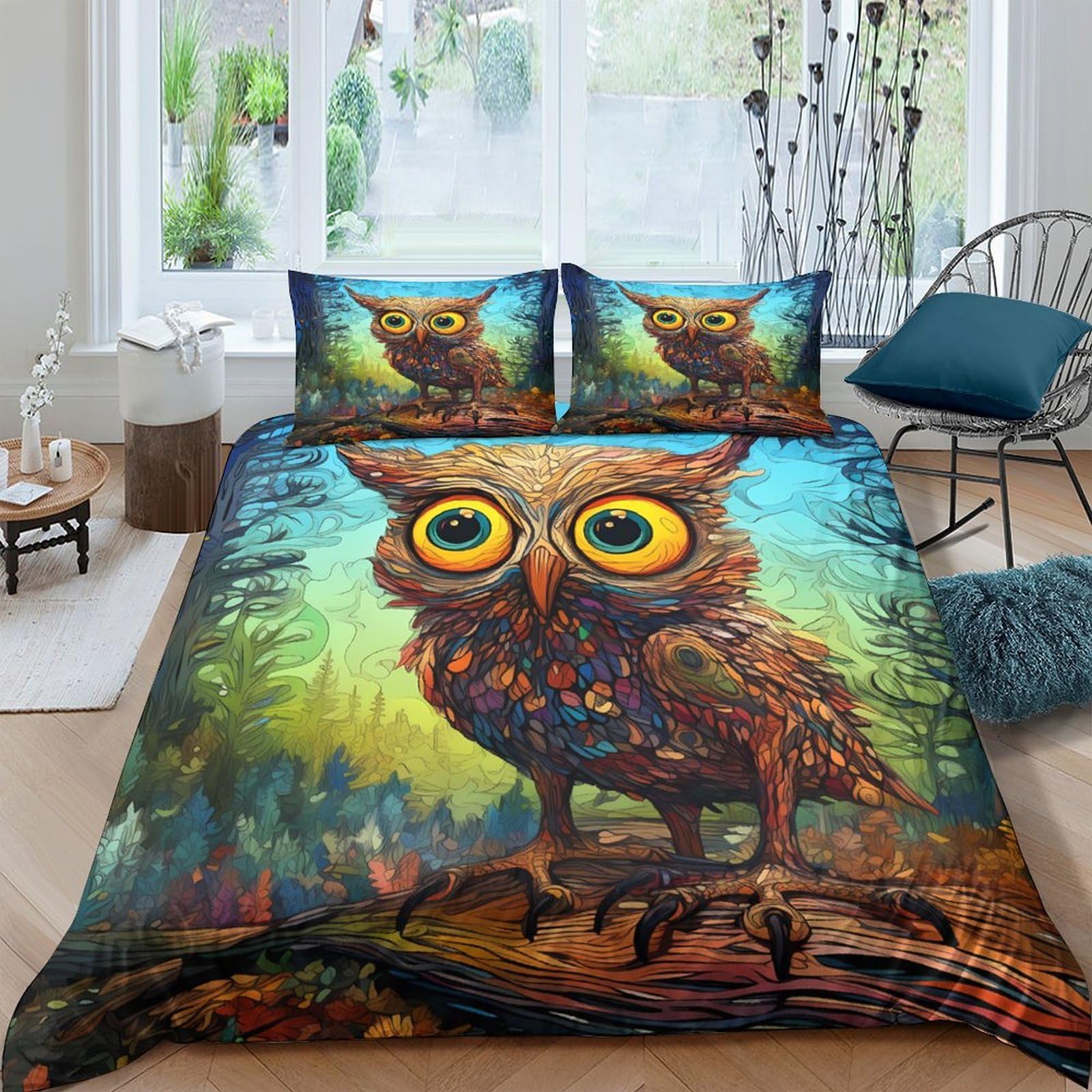 Ctjqhvkz Style-4 3D Printed Owl Forest Fitted Sheet Microfiber Soft Non-Slip Bed Cover For Bedroom Guest Room Decoration Single（135X200cm）