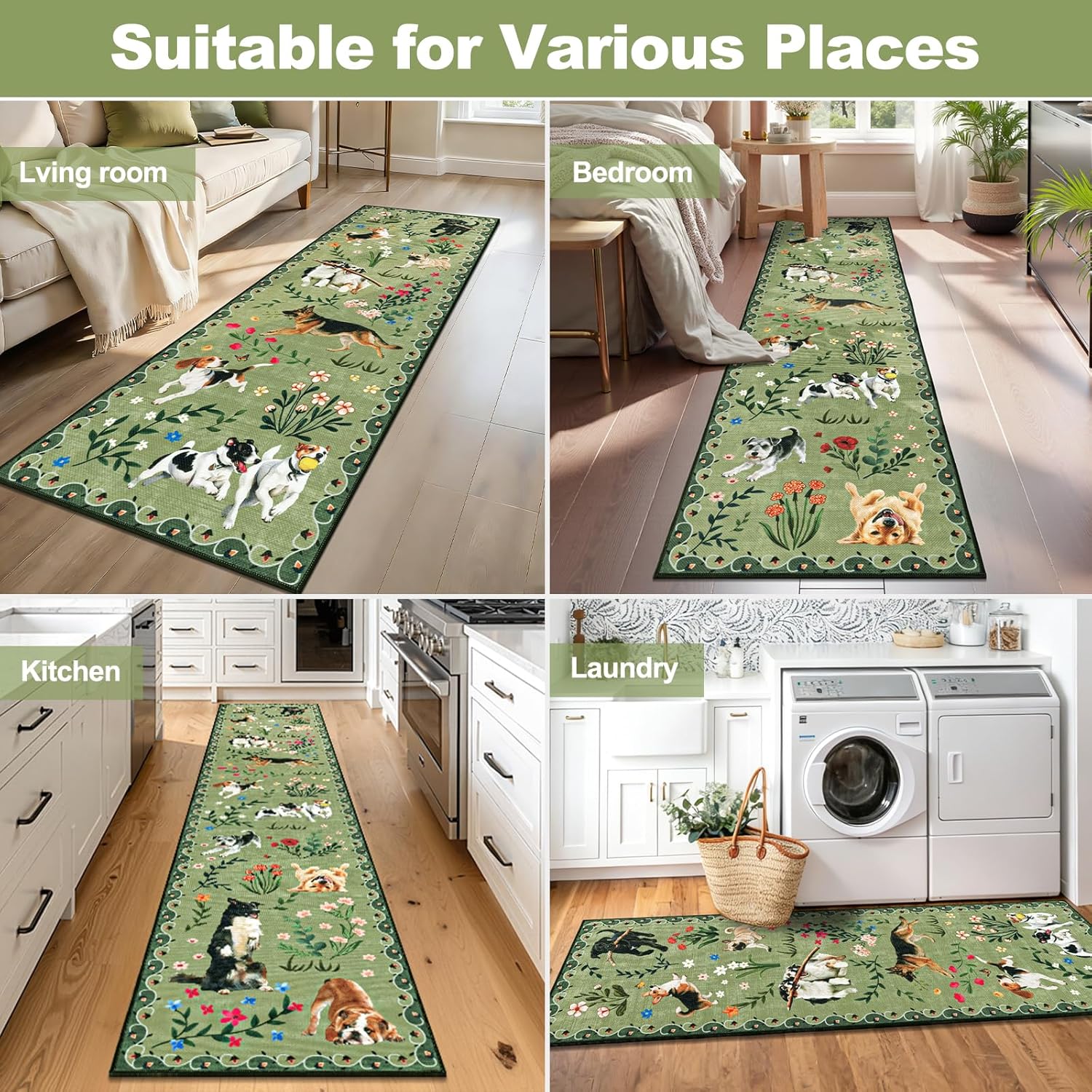 LOKHOM Hallway Runner Rug 2x10 Washable Animal Dog Print Linen Kitchen Rug with Rubber Backing, Non Slip Low Pile Soft Boho Floral Carpet for Entrance Laundry Bedroom, Green