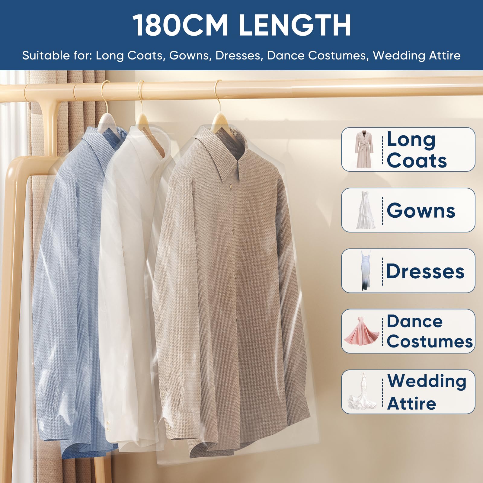 SmileLucky 100 Pack 60x180cm Clear Plastic Garment Bags for Hanging Clothes Full-Length Dress & Suit Covers for Dry Cleaning Wardrobe Storage & Travel - Image 3