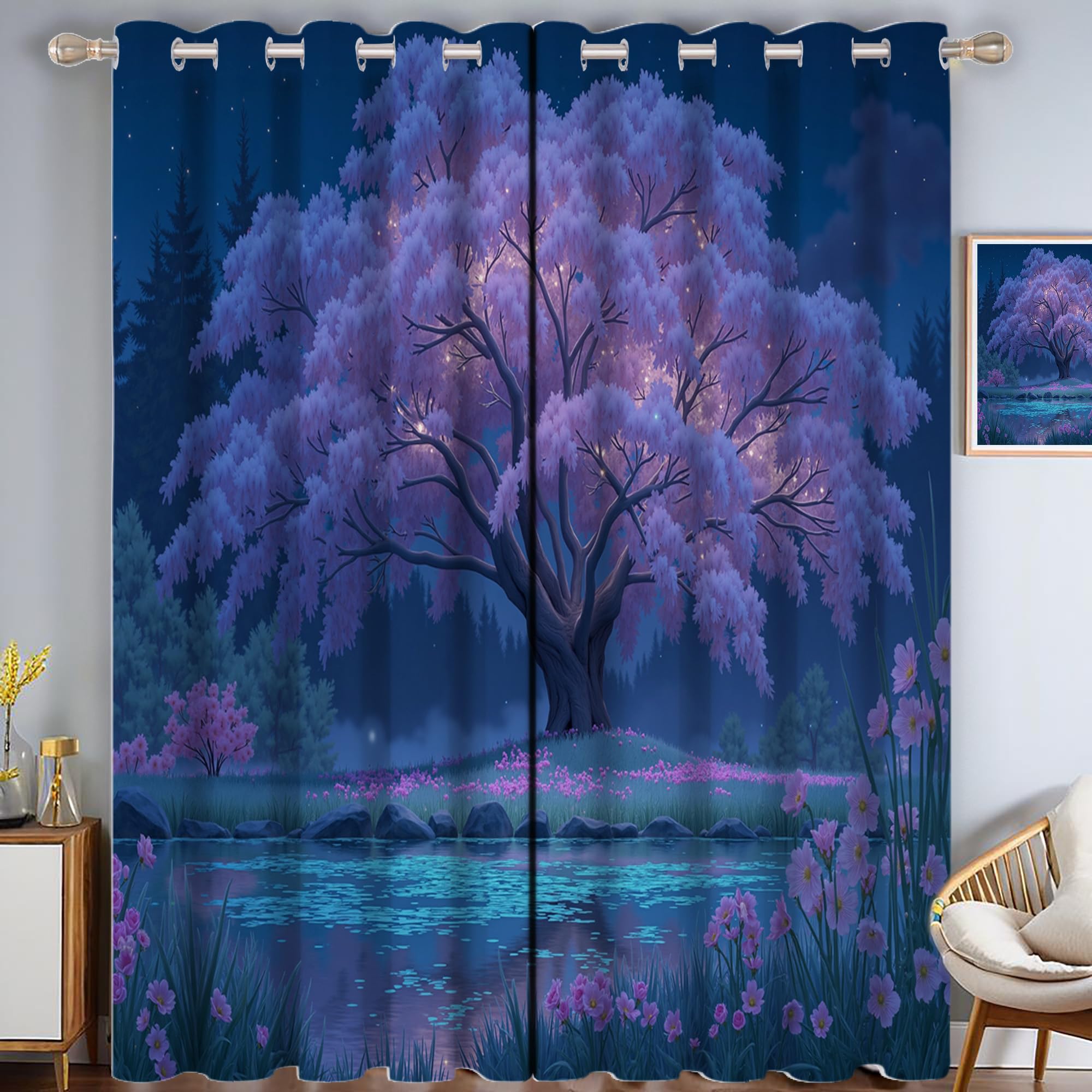 Rideaux imprimé lac violet pour une chambre parentale romantique