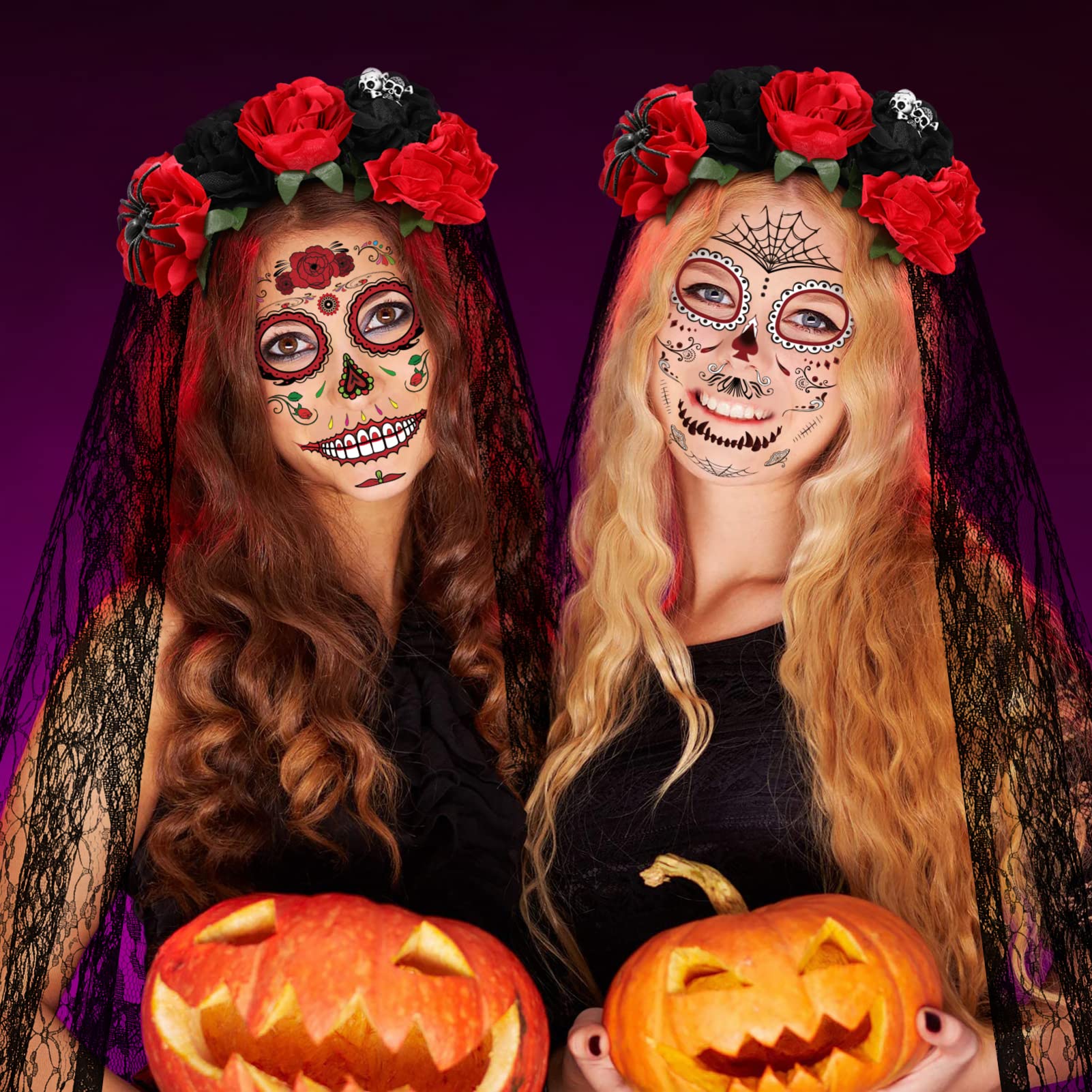 Fascia Per Capelli Con Velo E Fiori Rosa Per Halloween Dia De Los Muertos + 2 Tatuaggi Temporanei Teschio - 6