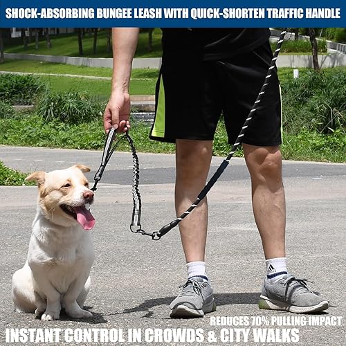 Miniatura 5 de Correa resistente para perro sin tirones, elástica y giratoria sin enredos con costuras reflectantes, asas acolchadas y soporte para bolsa de