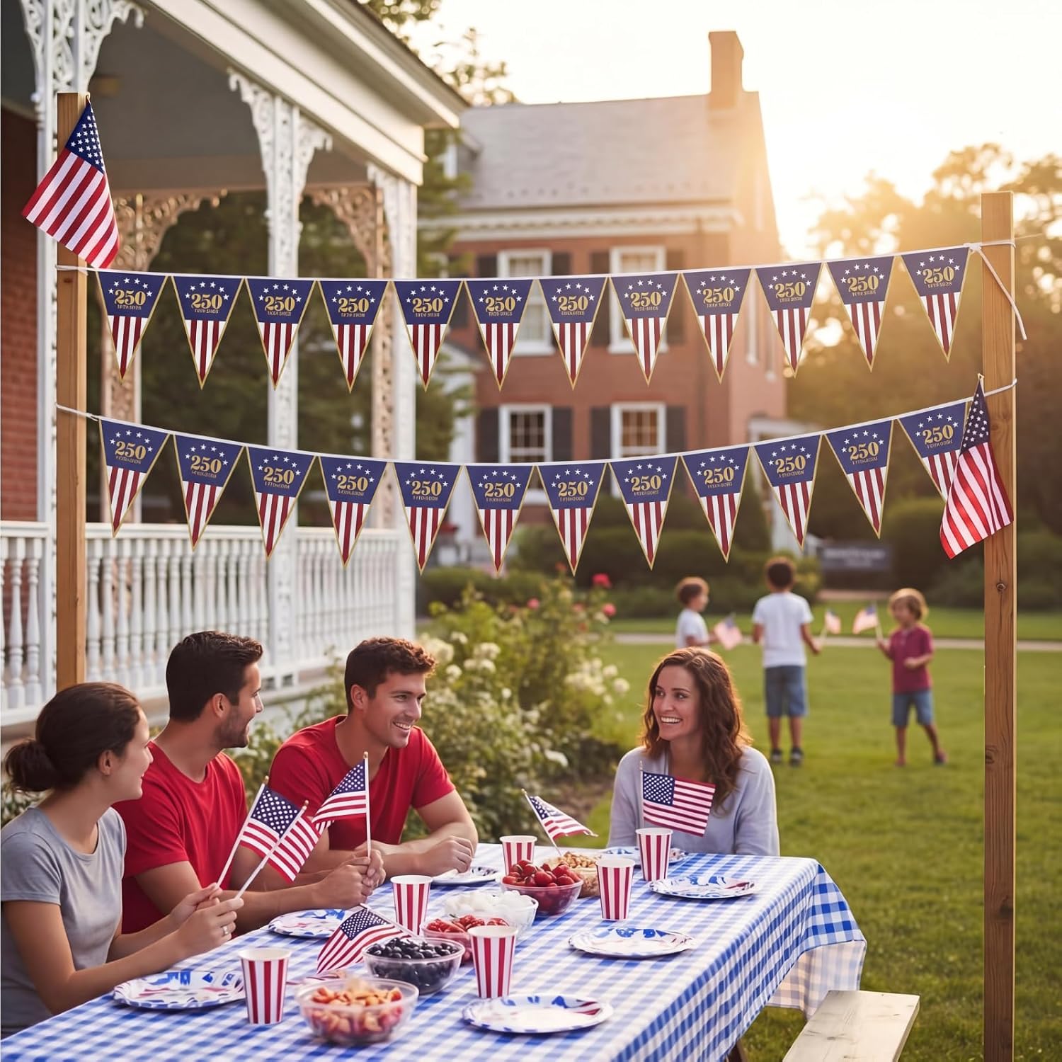 Flutesan 2 Pack 250th Anniversary Banner USA Flag Patriotic Decorations 11"x7.5"x8ft American Flag Triangle Banner Garland for 1776-2026 250th Birthday 4th of July Memorial Day Party Supplies