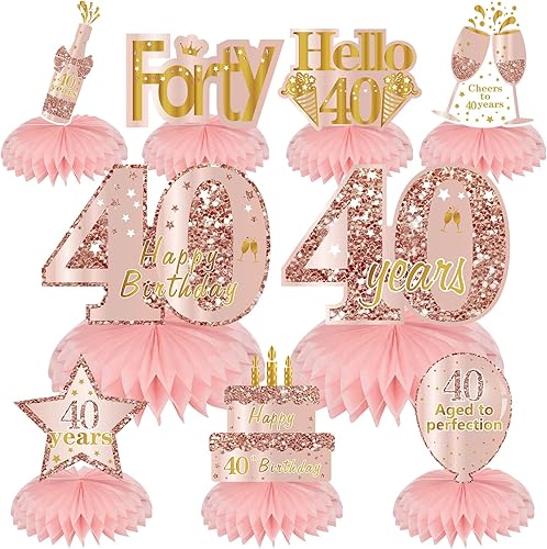 Centros de mesa de cumpleaños de 40 años de color rosa dorado rosa para mujer, 9 piezas de oro rosa dorado feliz 40 cumpleaños, suministros de