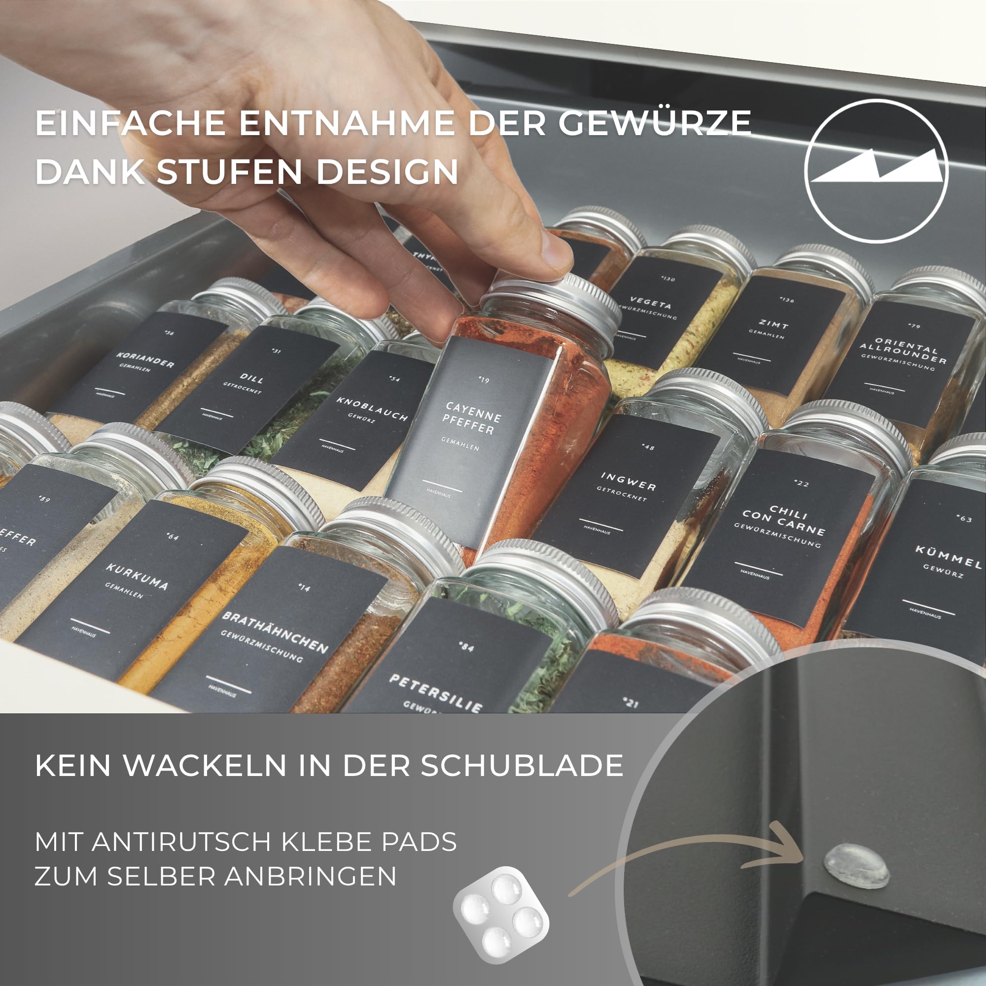 Havenhaus Gewürzgläser Set mit Regal | Gewürzregal Schublade inkl. 24 Gewürzgläser& 336 Gewürzetiketten | Gewürz Organizer Schublade verstellbar& passend für alle Schubladen | Gewürzeinsatz Schublade