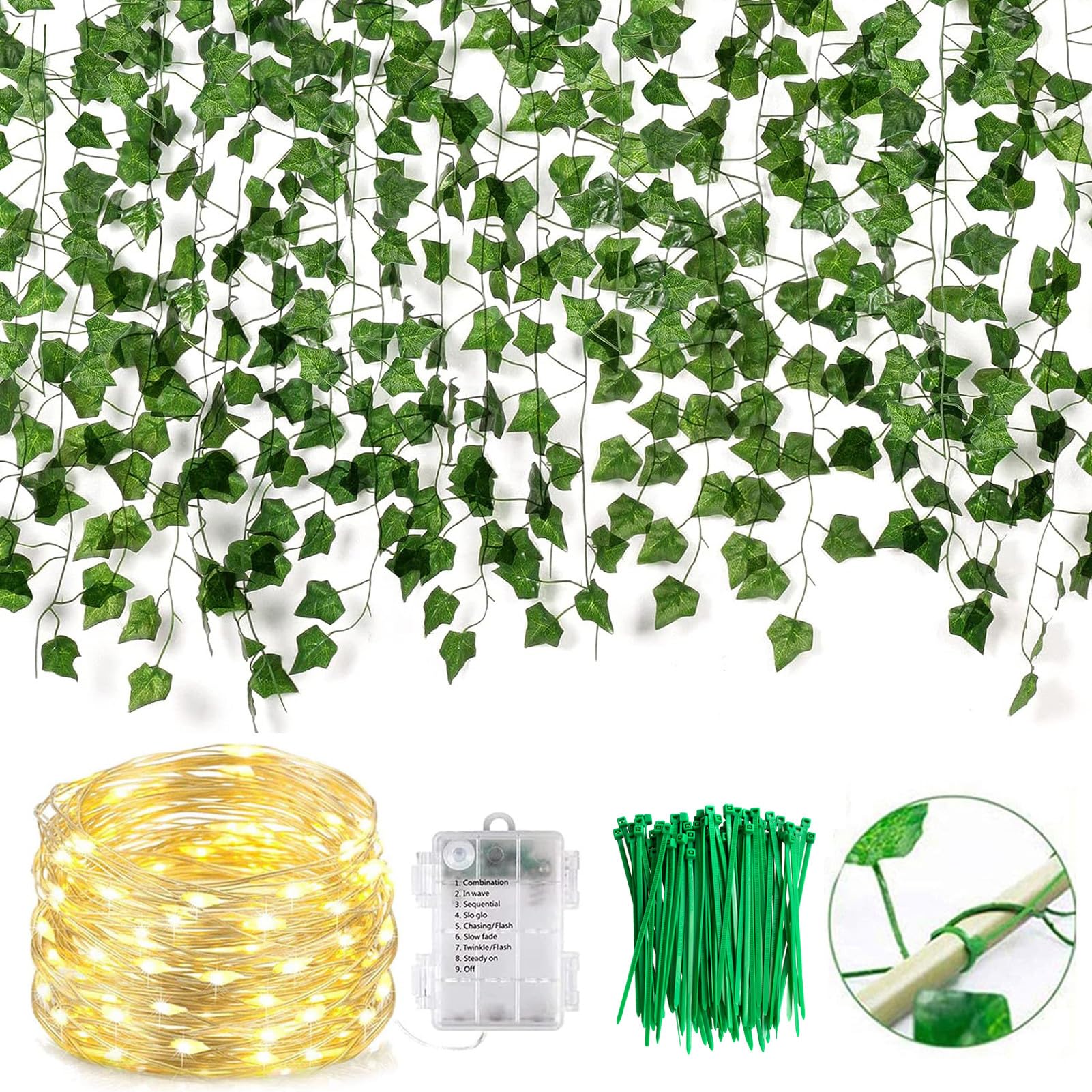 Ivy Vine with Lights, TechCode 12Pack/82Ft Artificial Ivy Garland Leaf Plants Vine 100 LED String Lights,Ivy Vines Leaves Hanging Ivy Lights for Home Garden Wedding Party Wall Decor
