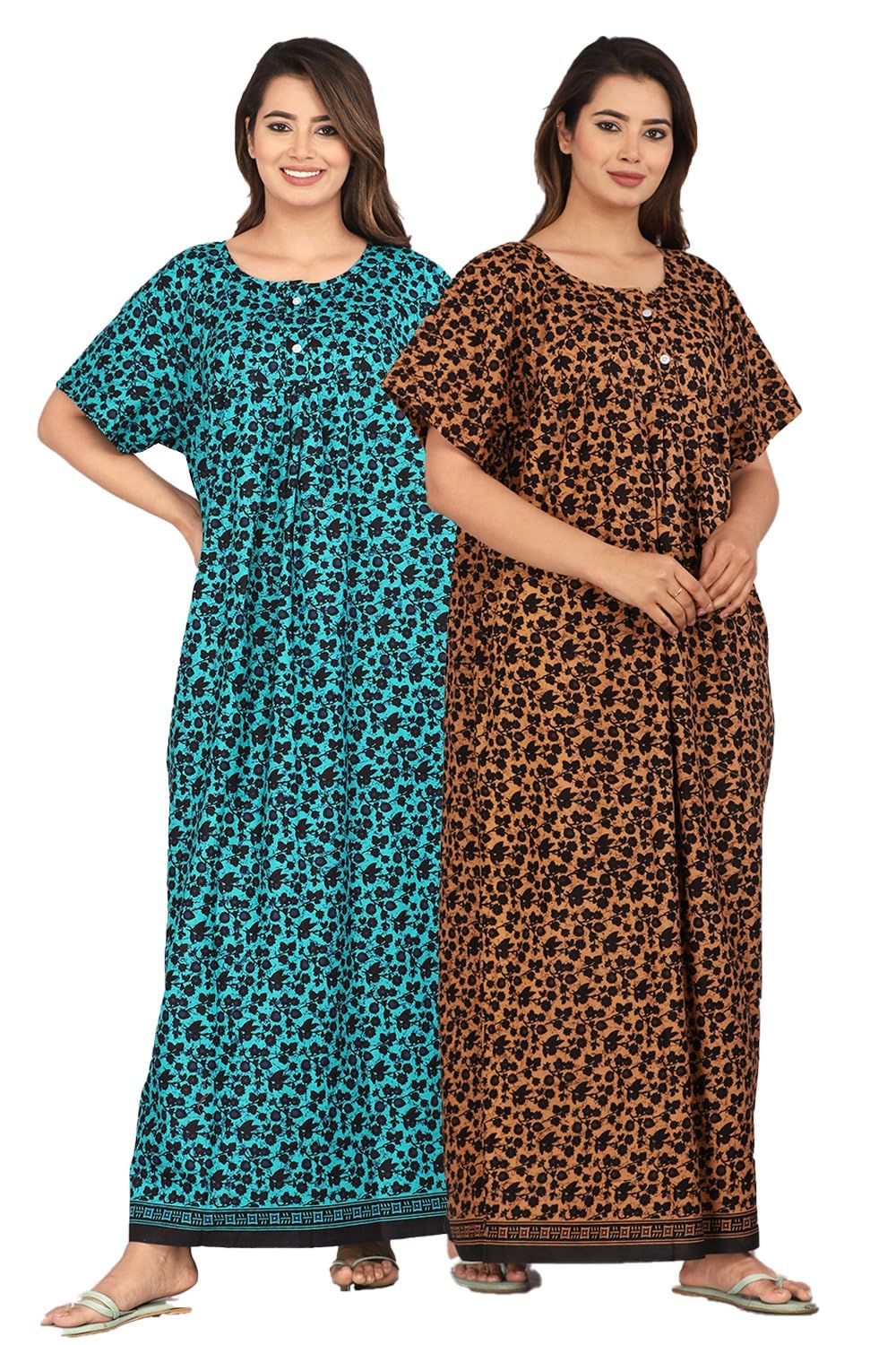 Brand 100% Cotton Nighty for Women || Long Length Printed Nighty/Maxi/Night Gown/Night Dress/Nightwear Inner & Sleepwear for Women's (Combo Pack of 2)-image-31