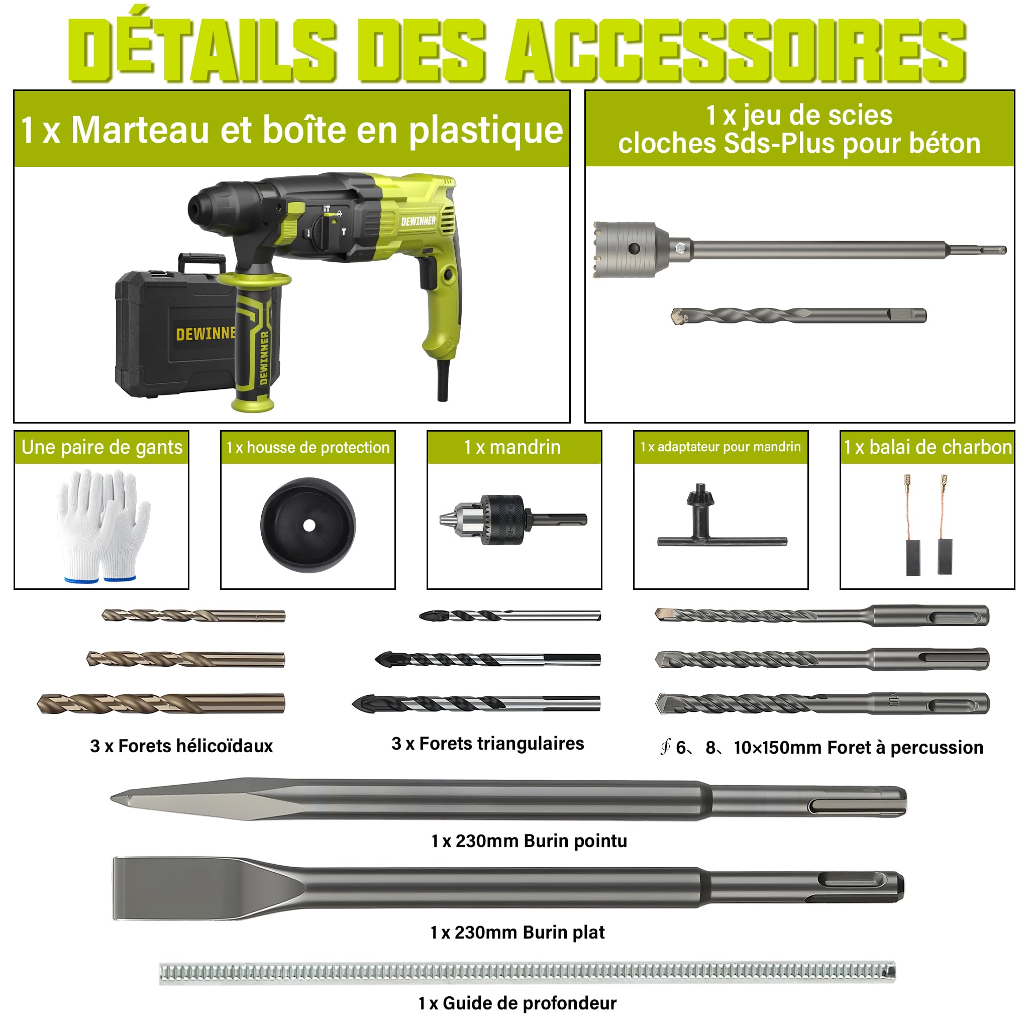 DEWINNER Marteau Perforateur 1100W 3.4 J, Marteau Perforateur 0-1500RPM/5500BPM avec 4 Fonctions et Embrayage de Sécurité, 20 Accessoires y compris la Scie Coche, Vitesse Variable, Béton, Acier, Bois