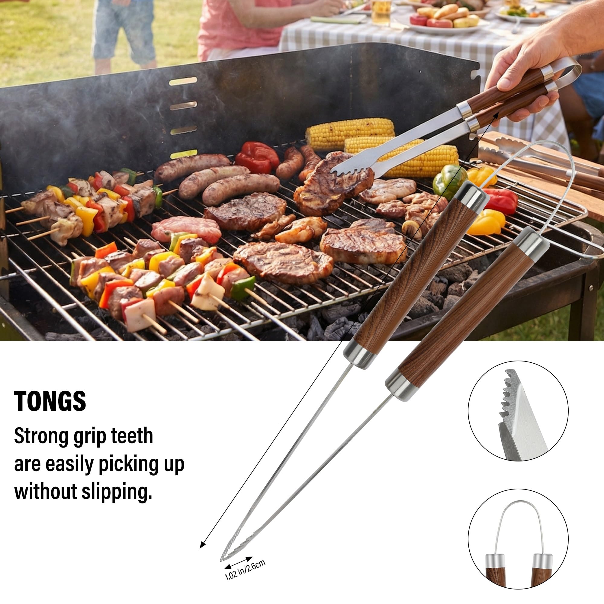 Yekale Juego de herramientas resistentes para parrilla de barbacoa con espátula extra gruesa de acero inoxidable, tenedor, pinzas y cepillo de limpieza, kit completo de accesorios para barbacoa