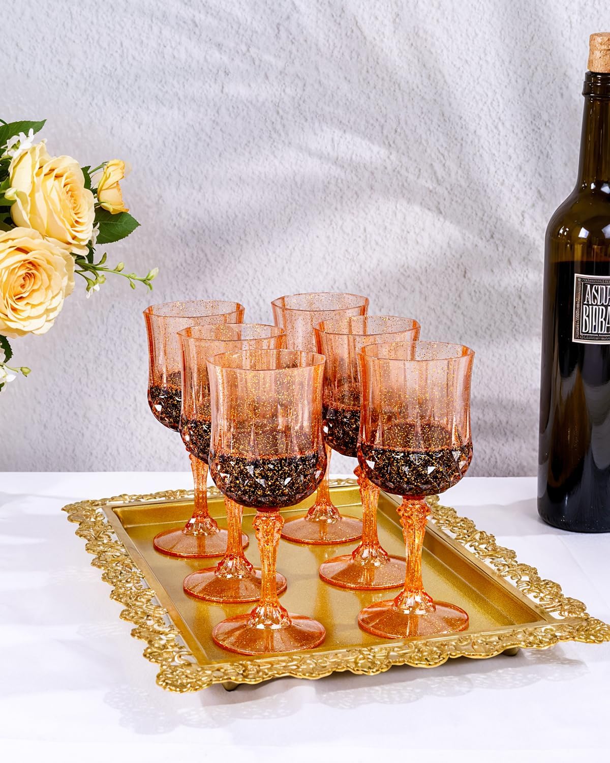 Ciaell 24PCS Amber Plastic Wine Glasses - 7 Oz Amber Vintage Drinking Glasses - Disposable Water Goblets Set for Party Wedding, Bar, Wine, Beer - Image 9
