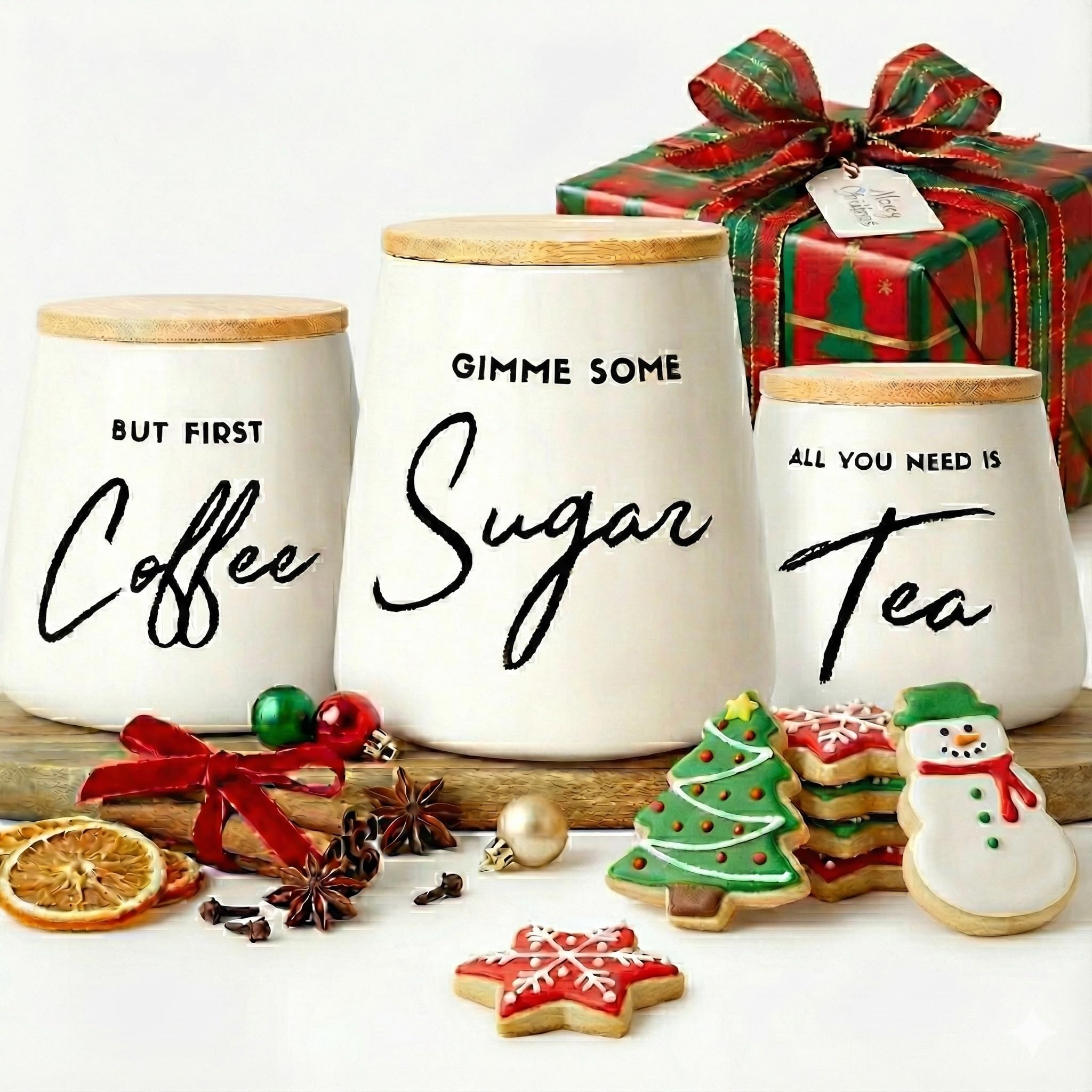 Coffee Tea and Sugar Ceramic Canister Set with Bamboo Lids - 3-Piece Airtight Kitchen Canisters for Countertop - Coffee Bar Container Set