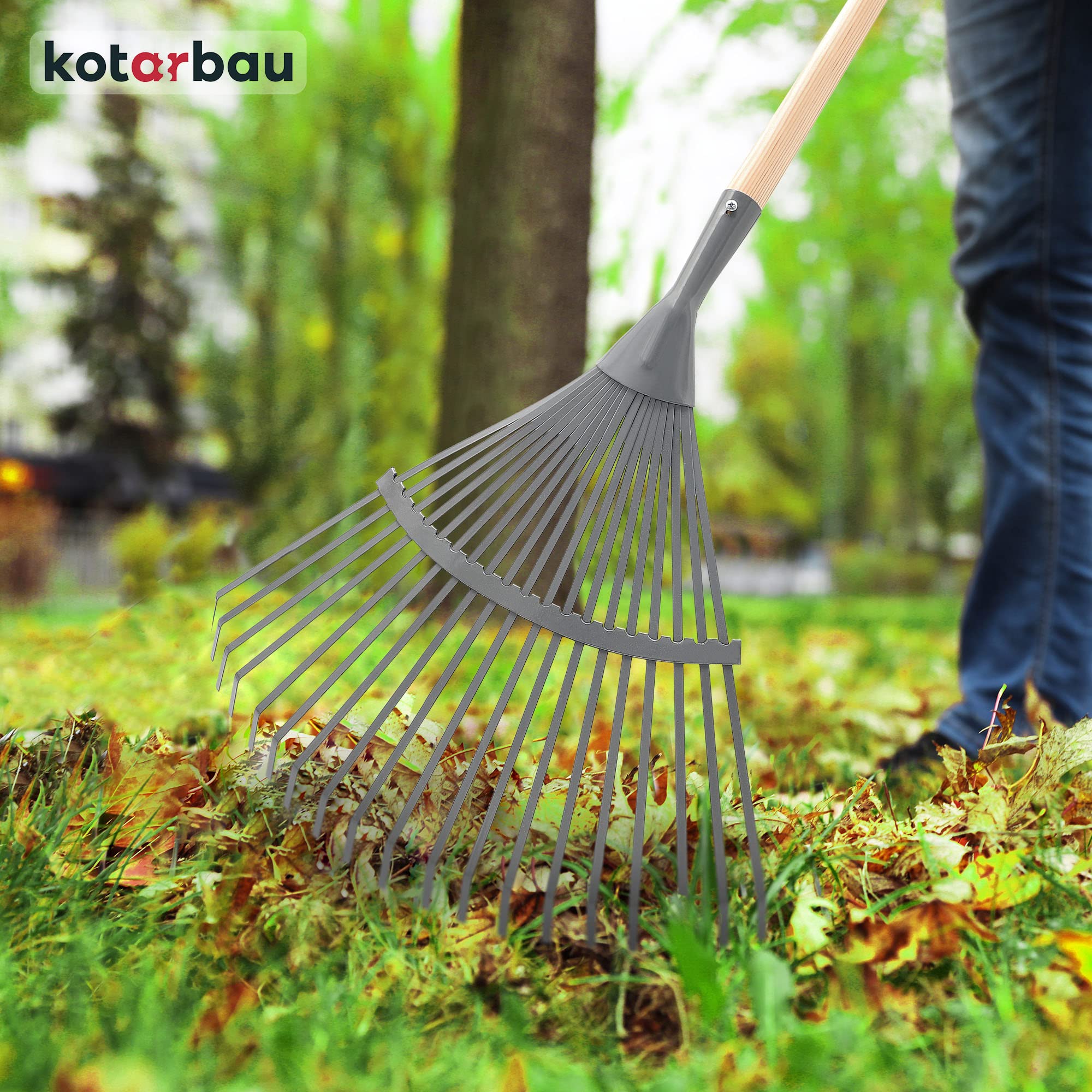 KOTARBAU® Rastrillo Jardín - Acero - 41 cm - Rastrillo Hojas Jardín - con Mango 187 cm - Herramienta Robusta para Jardinería - Gris y Madera Natural