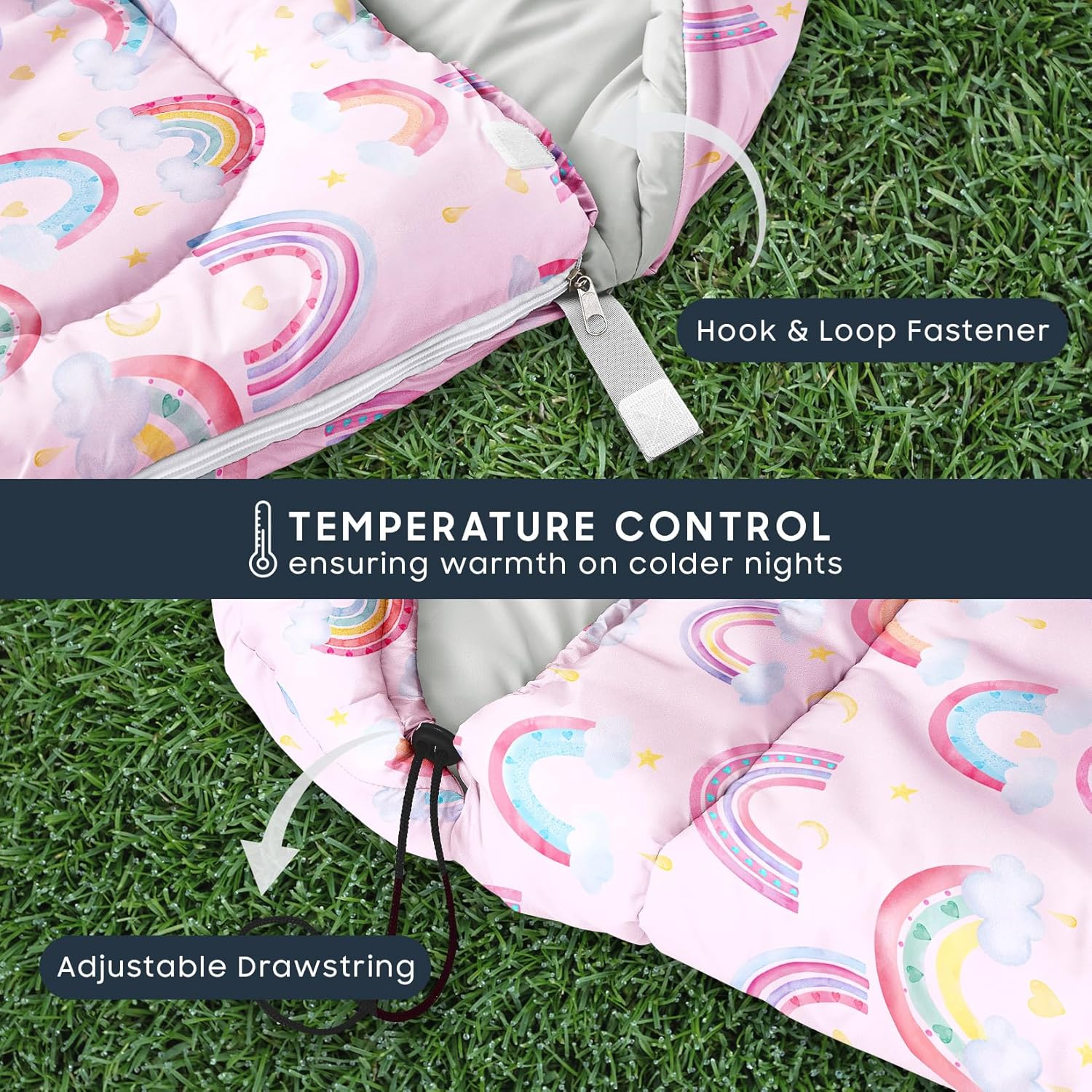 Wake In Cloud - Kids Sleeping Bag for Girls Toddlers, Camping in Warm Cold Weather, Backpacking Lightweight Compact Outdoor Liner for 3 Seasons, Rainbow Clouds