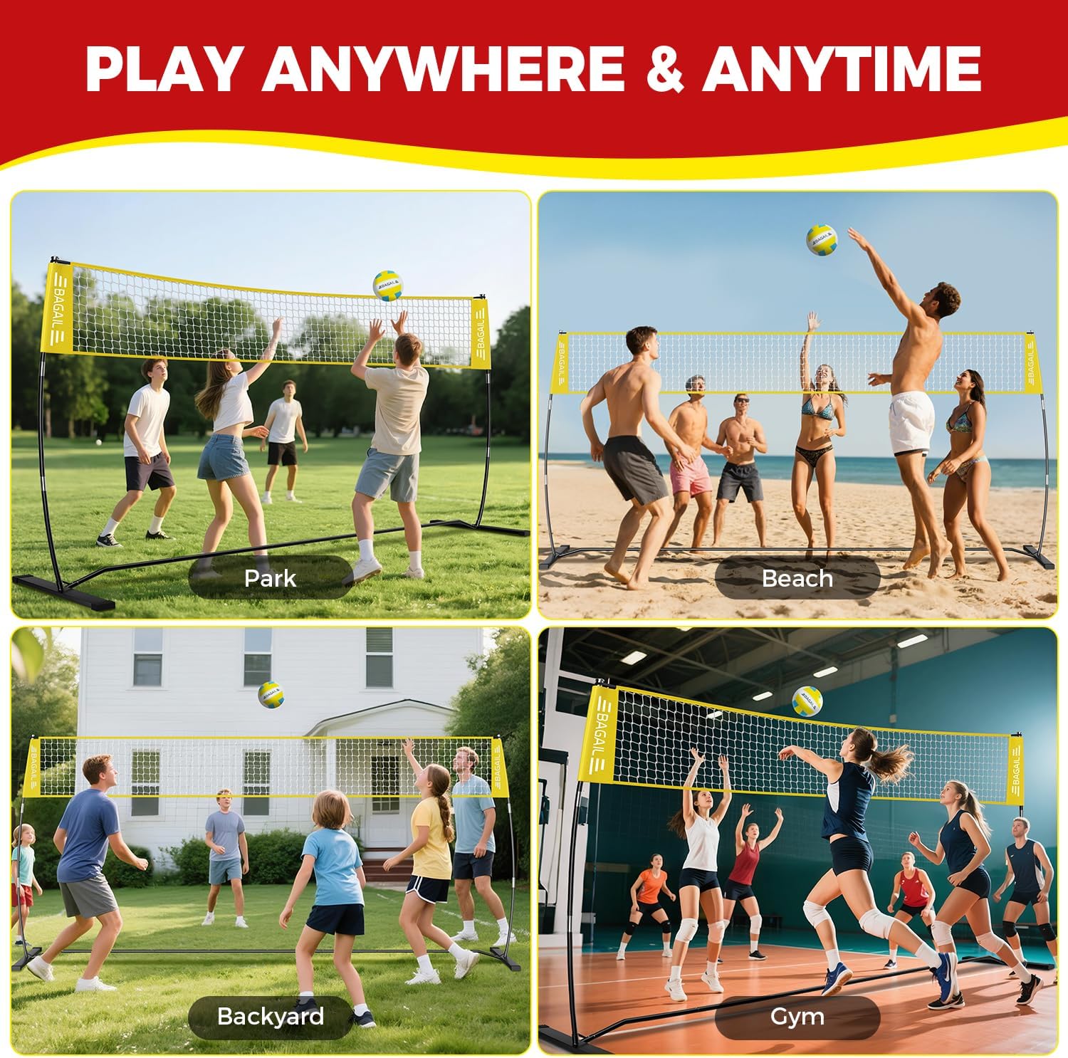 BAGAIL Volleyball Net, 12ft/20ft Portable Volleyball Net for Backyard - Adjustable Height, Heavy-Duty Frame, Freestanding Design - Portable Outdoor/Indoor Volleyball Set with Carry Bag