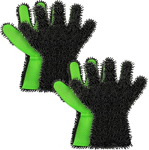 Miniatura 8 de Ferraycle Paquete de 2 guantes de lavado de automóvil de microfibra de 5 dedos, guantes de limpieza de doble cara para cocina y hogar (azul y negro)
