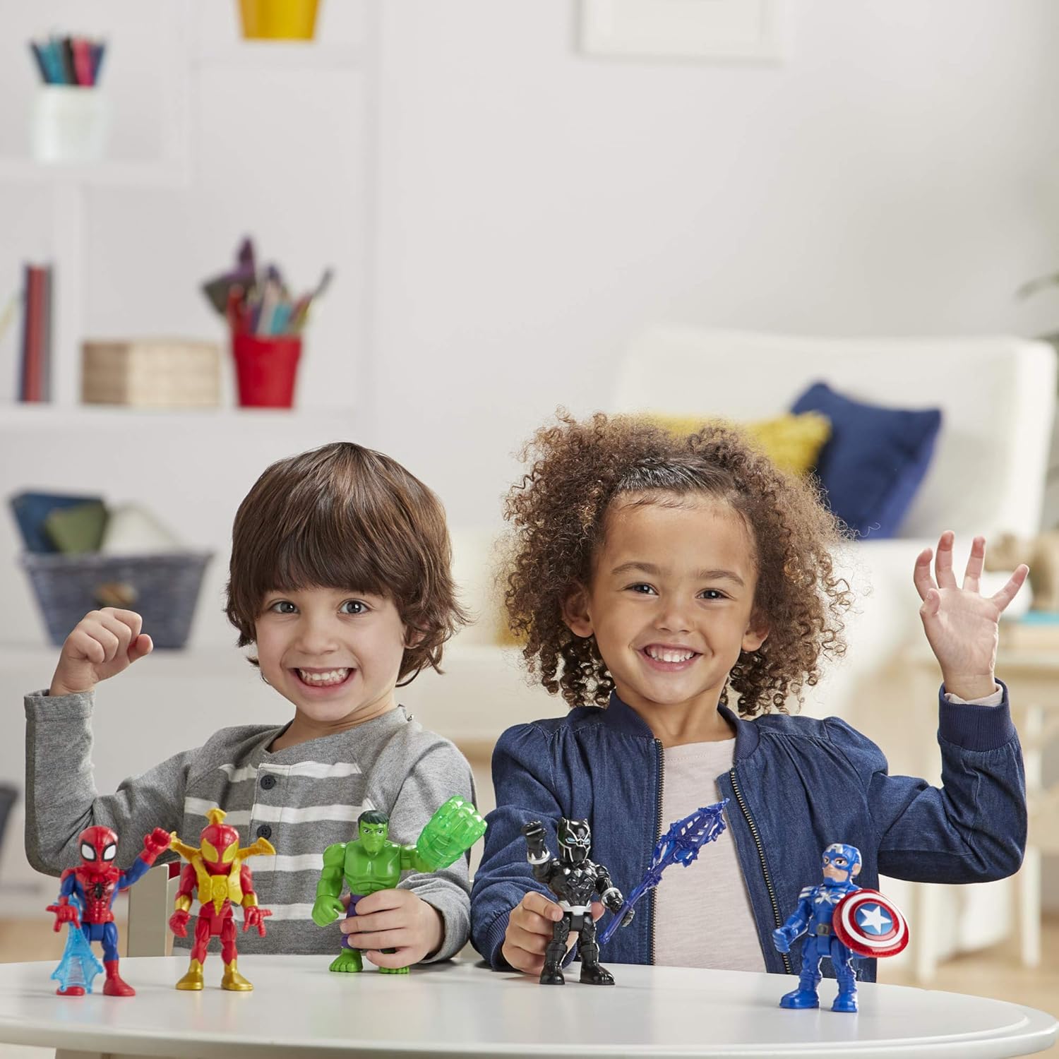 Playskool Heroes Marvel Super Hero Adventures 5-Inch Action Figure 5-Pack, Includes Captain America, Spider-Man, 5 Accessories ( Exclusive) , Black : Toys & Games