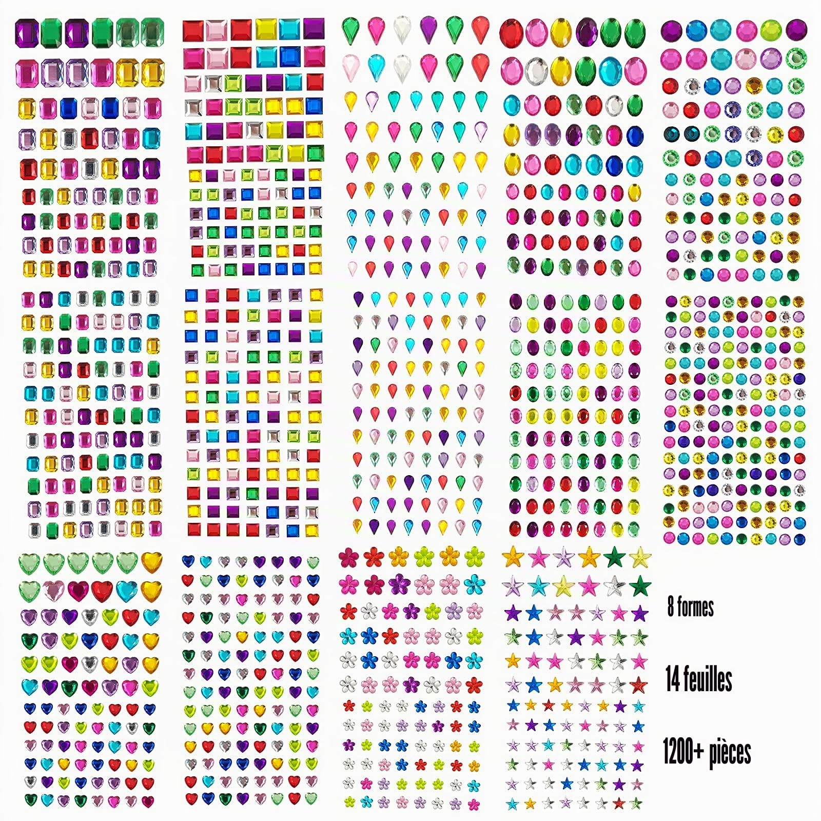 1200+ PCS Gem Strass Autocollants, Auto-AdhÉSif Bling Bijoux Scintillantes Pierres PrÉCieuses Autocollants Pour DIY Artisanat Nail Body Maquillage Festival