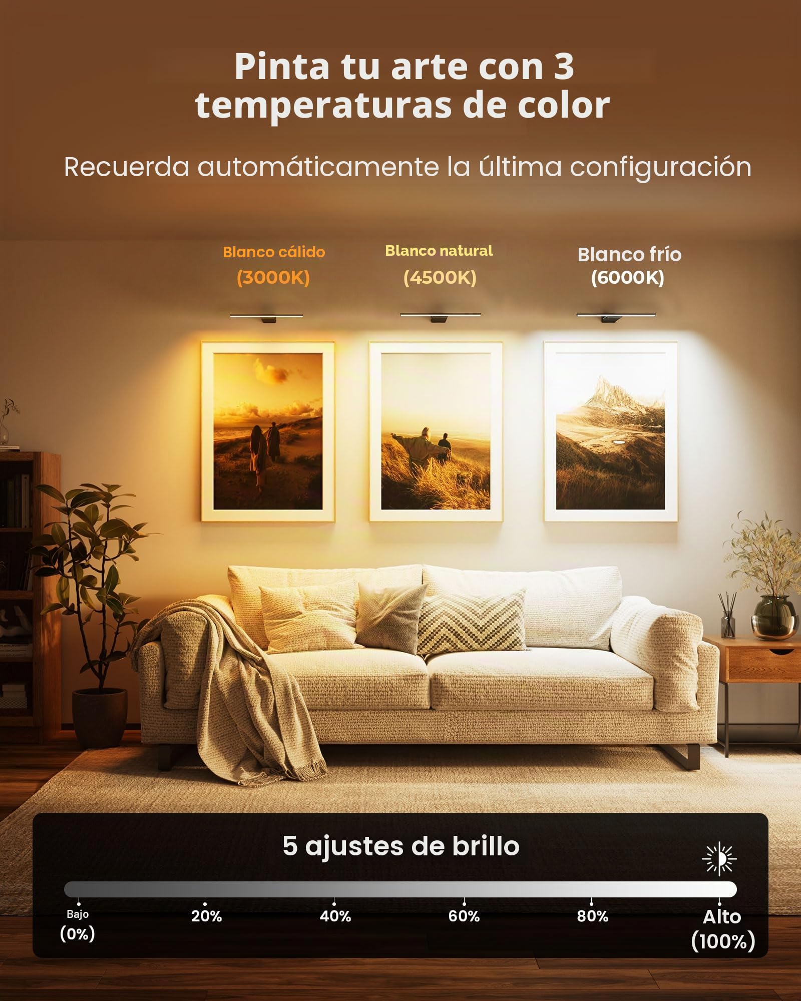 Iluminación de imagen inalámbrica, batería de 12000 mAh, lámpara de imágenes recargable con mando a distancia, lámpara de pared LED regulable para interiores para cuadros y pinturas, 3 temperaturas de