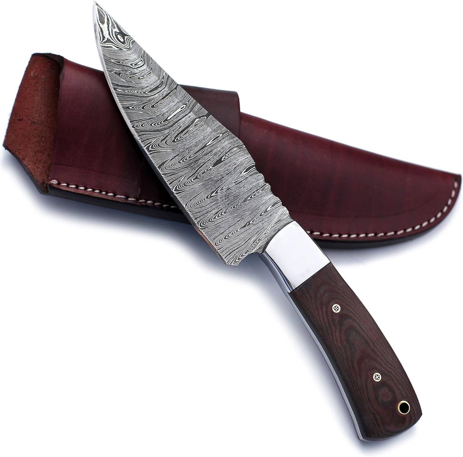 Handmade Damascus Steel Fixed blade Knife for Hunting,Survival,Camping,Bushcraft, and Fishing with t Leaf Shape blade with full Tang Micarta Handle and Bufflohide-Leather Sheath - WKD-777 (Leafstorm Blade)