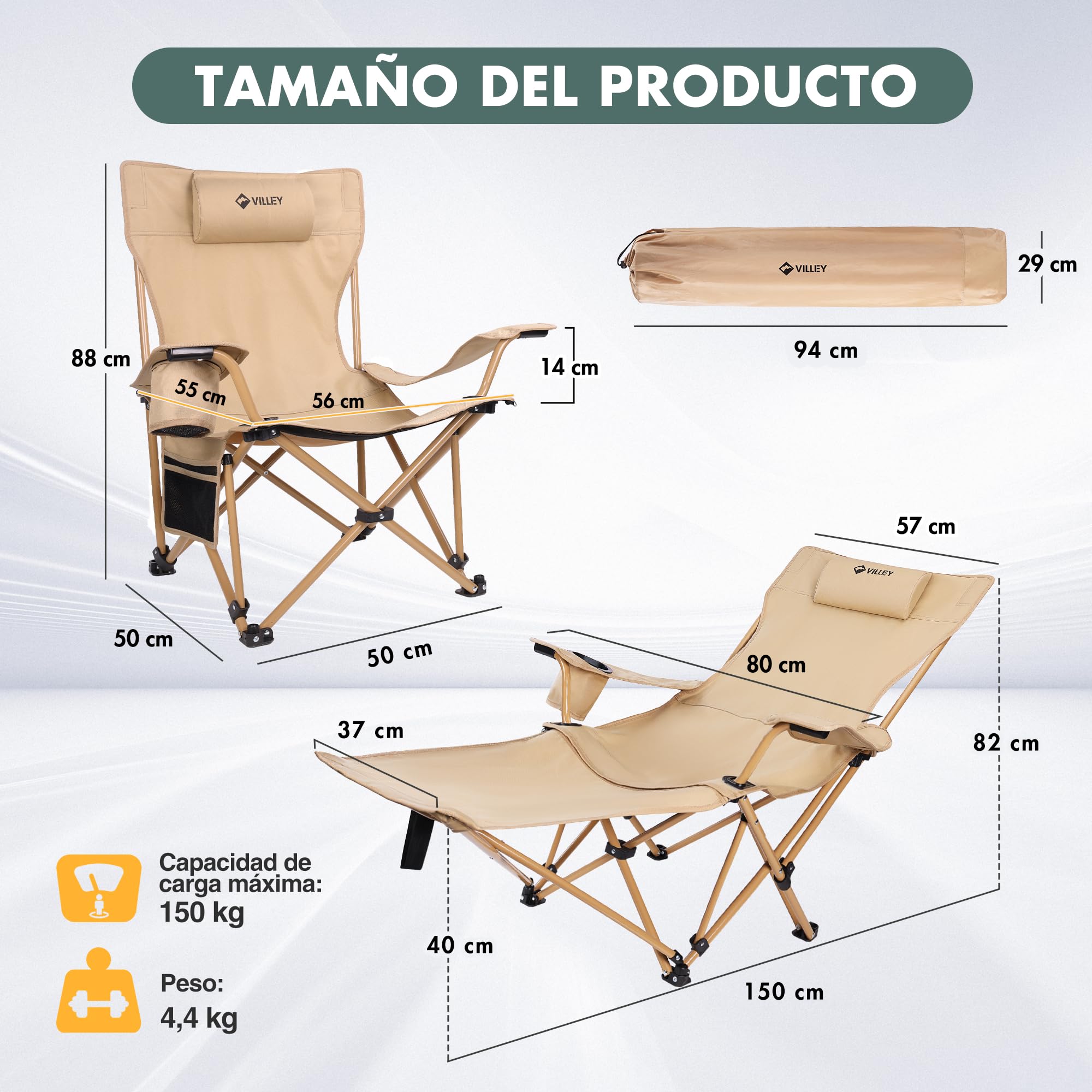 VILLEY Silla de Camping Plegable con Reposapiés, Reposacabezas y Bolsa de Almacenamiento, Silla Plegable para Camping, Playa, Jardín, Pesca, Soporta hasta 150 kg, Beige