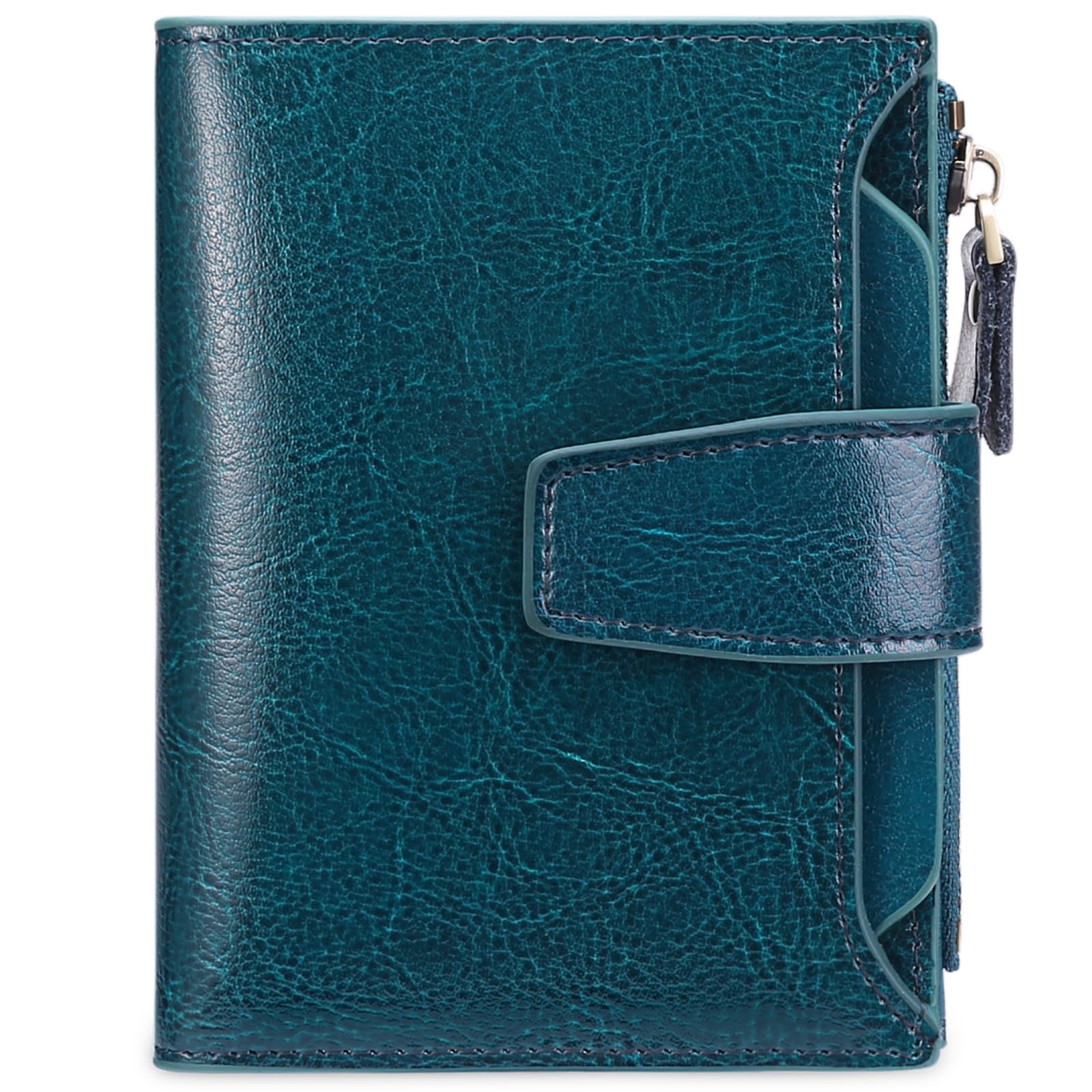 RFID Women's Wallet Small Ladies Credit Card Holder Leather with Zipper Pocket 4 ID Windows Wax Teal