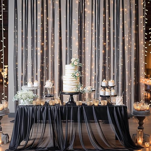 Miniatura 5 de Cortina de telón de fondo de tul negro de 10 x 10 pies con cadena de luces para fiestas, cortinas de fondo transparentes para bodas, baby shower,