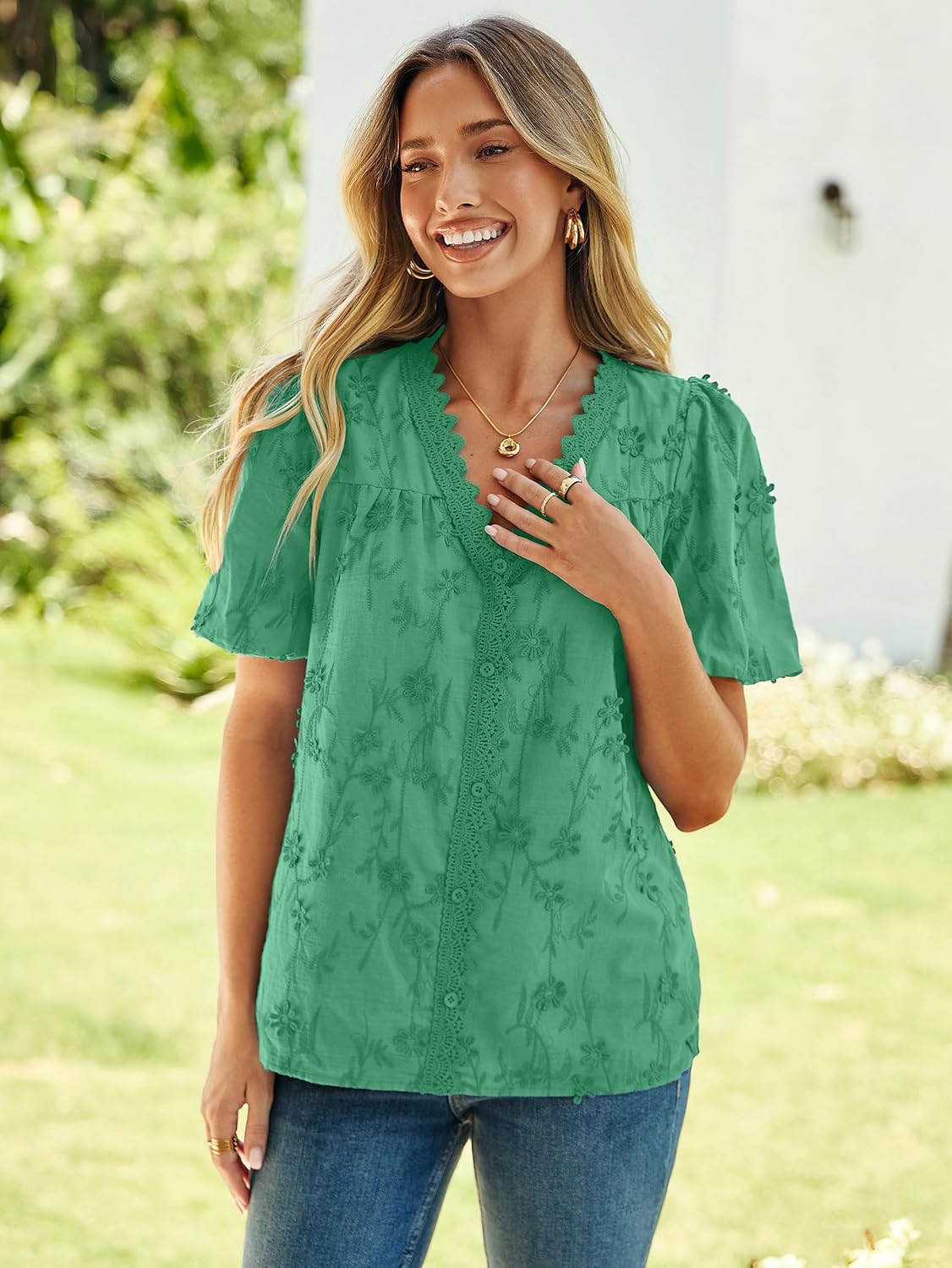 Simplee Womens Blouses Dressy Casual V Neck Short Sleeve Embroidered Eyelet Tops Shirts Western Peasant Spring Summer Outfits - Image 2