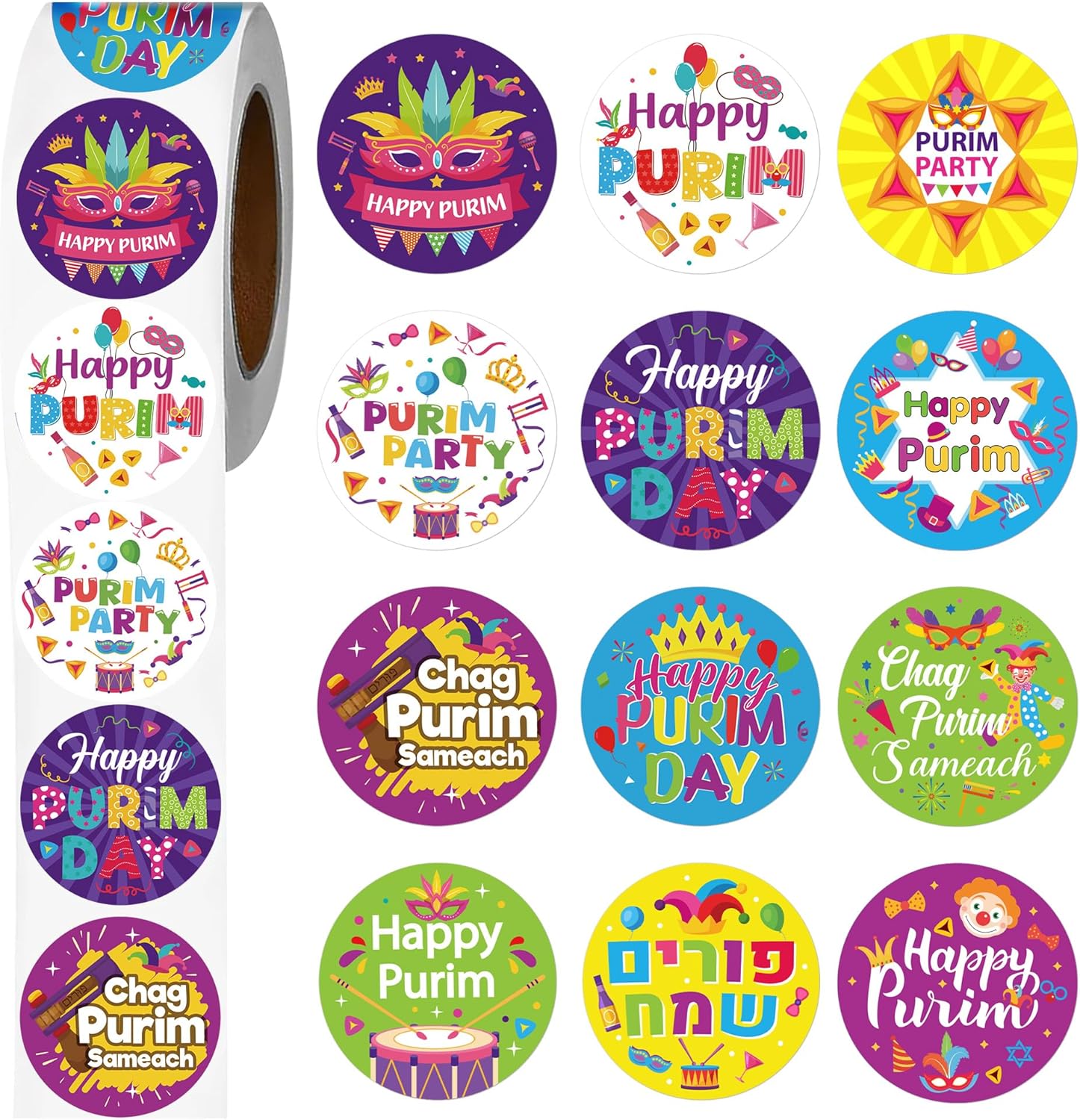 Purim Sticker, 1000Pcs Happy Purim Stickers, Colorful Purim Stickers for DIY Crafts, Self-Adhesive Purim Labels for Purim Party Gift Bags Decorations, 2 Rolls 12 Designs