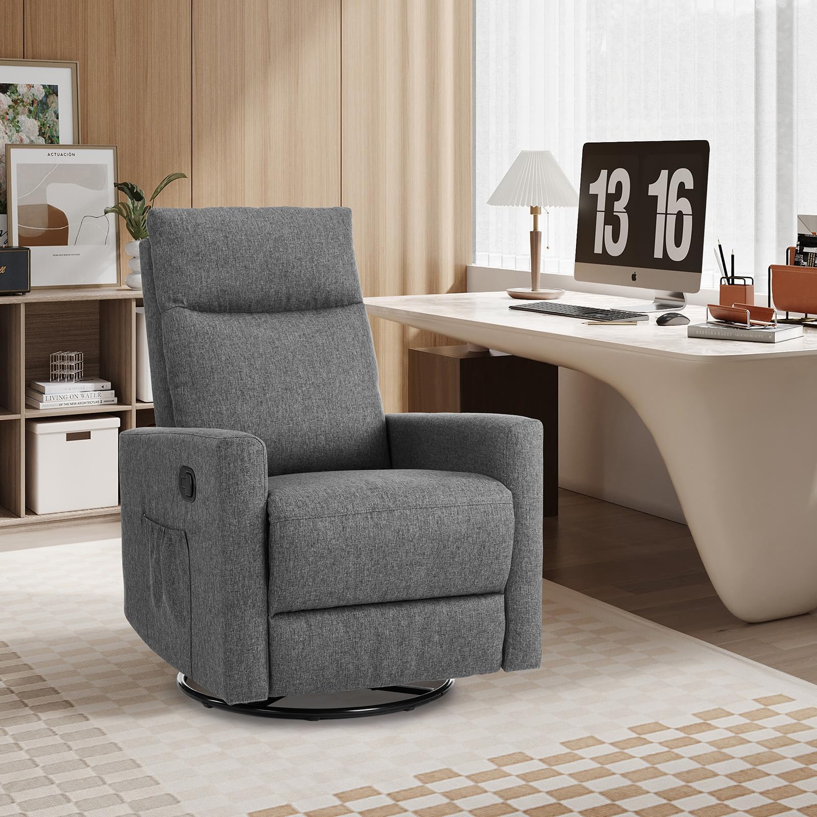 SMUG Swivel Recliner Chair, Nursery Massage Rocking Chairs, Glider Rocker Recliners for Living Room with Extra Large Footrest, High Back, Upholstered Deep Seat (Grey)