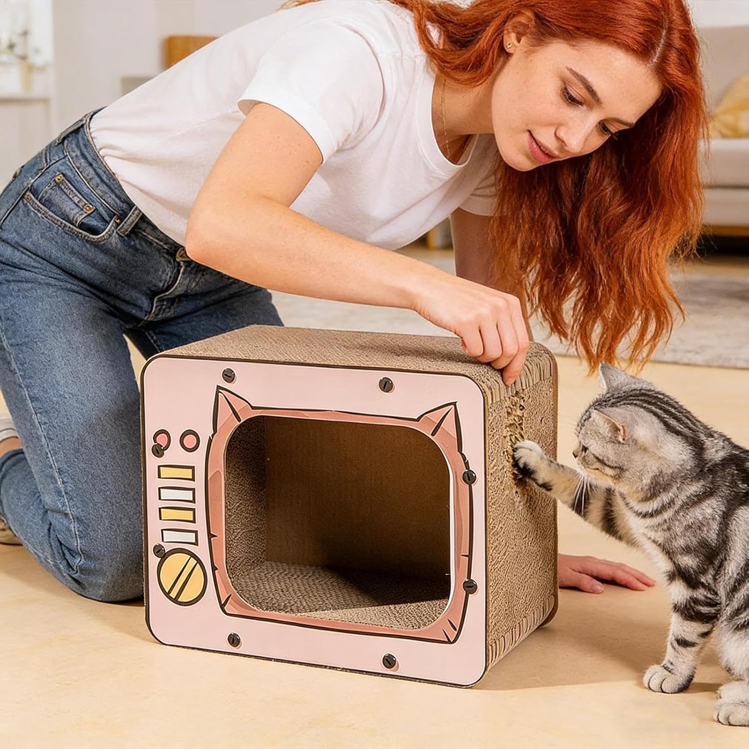 Cat Scratch House | TV Shape Corrugated Bed - Cat Cardboard House Scratching Board - for Furniture Protector Enrichment Play Exercise Boredom Kitten Small Animals Indoor