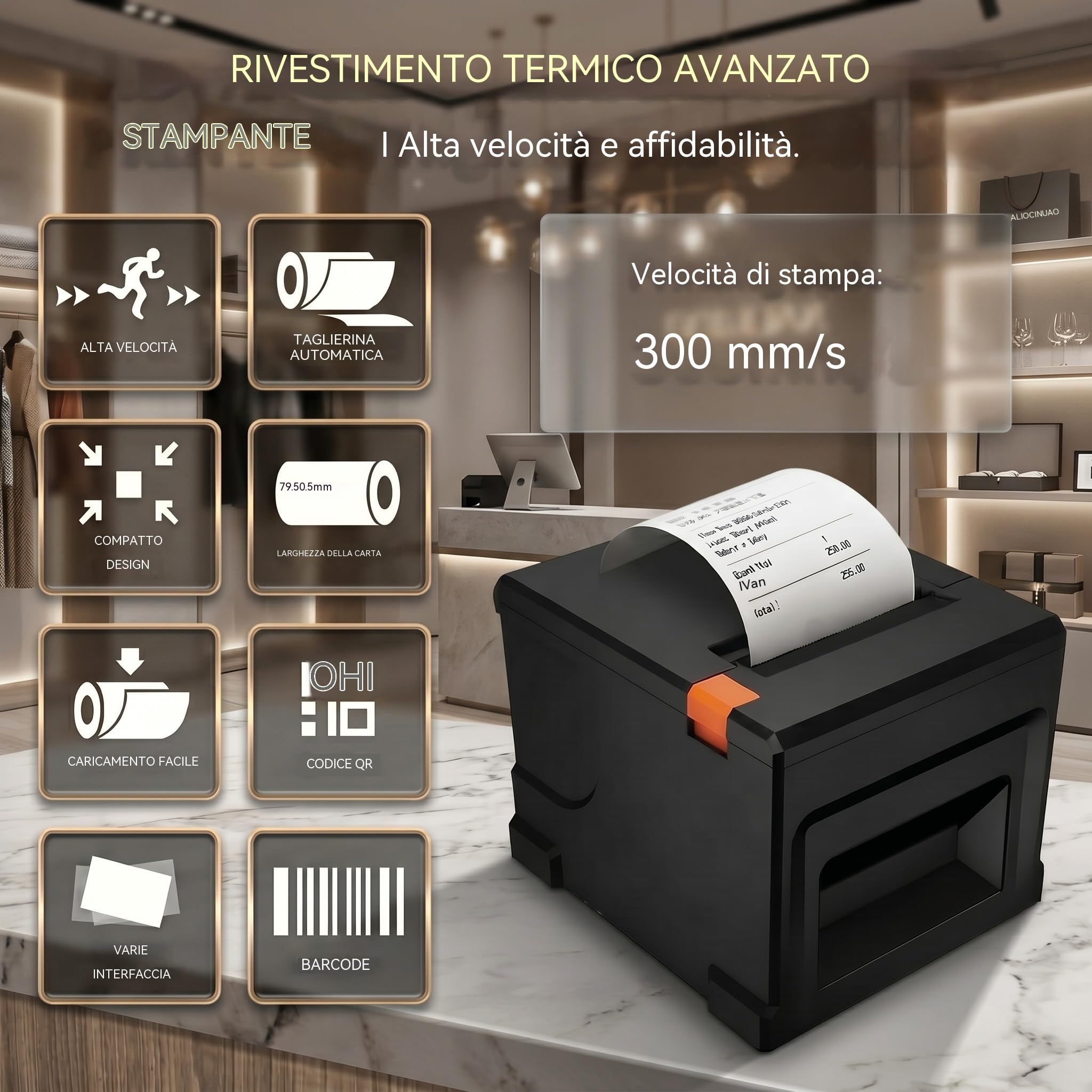 Stampante Termica per Scontrini POS 80mm Bluetooth, con USB, Compatibile con Windows/Mac, Ideale per Ristoranti e Negozi al Dettaglio