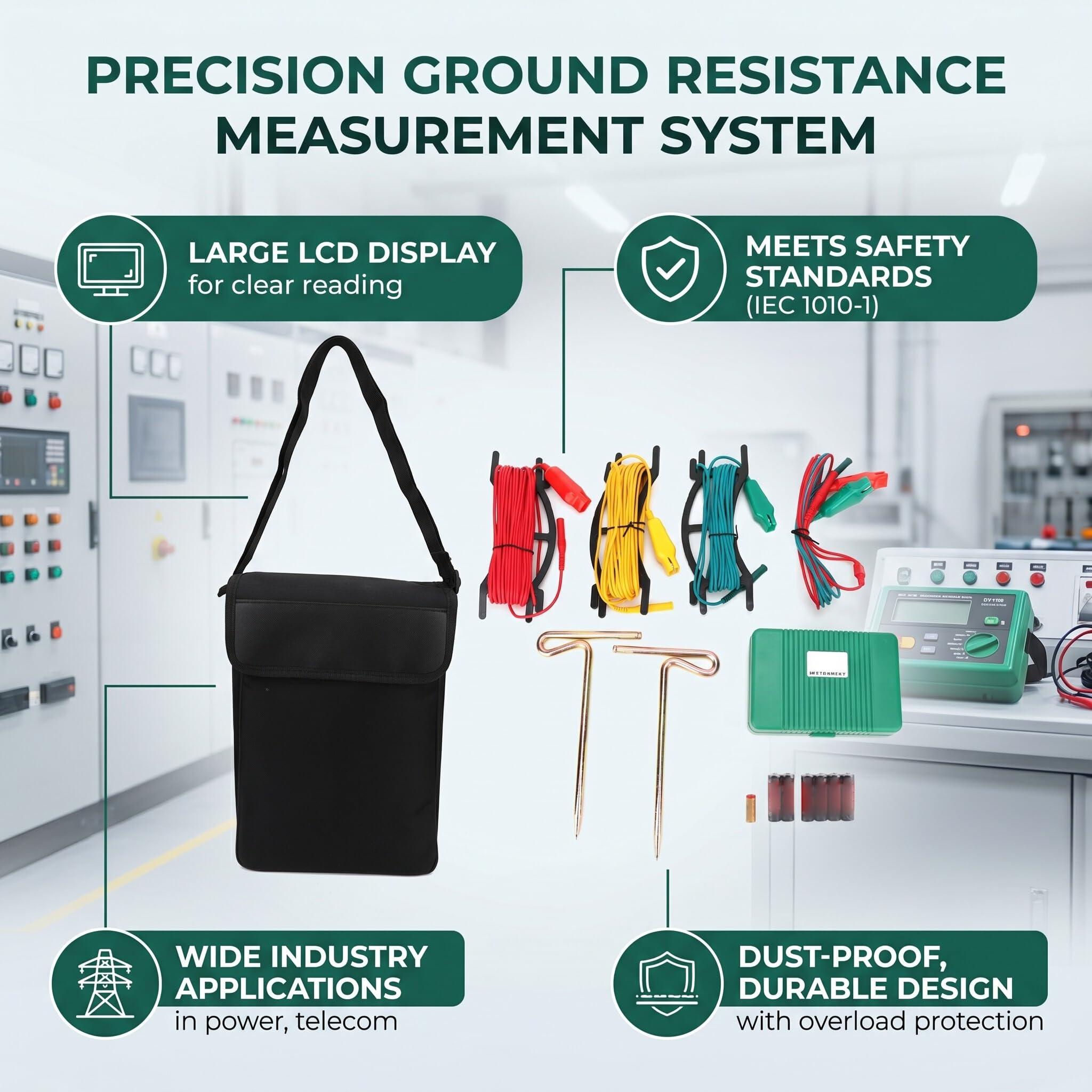Bodenwiderstandsmessgerät Kit Ground Test Set Digitaler LCD-Display inklusive 3 Testkabel, Widerstandstester und Tasche – Profiwerkzeug für Sicherheitsprüfungen