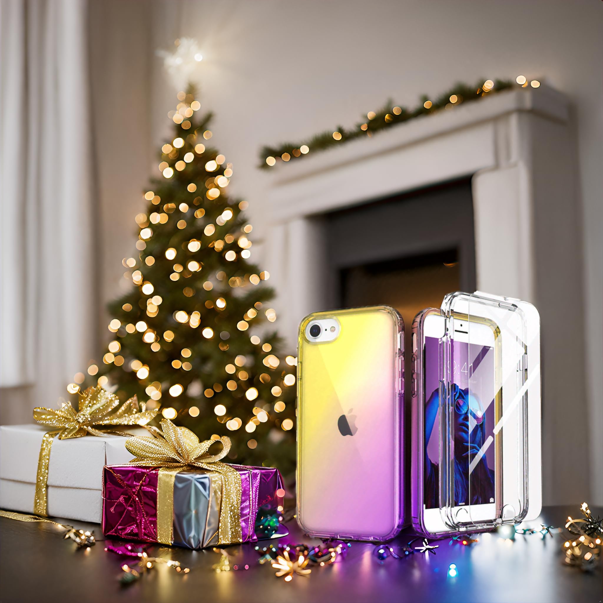 IDweel for iPhone SE 2020 Case,for iPhone 8 & 7 & SE 2022 Case(SE 3rd Gen),Full-Body Sturdy Shockproof Slim Fit Clear Cover with Screen Protector Heavy Duty Shock Resistant Hybrid Cover,Yellow Purple