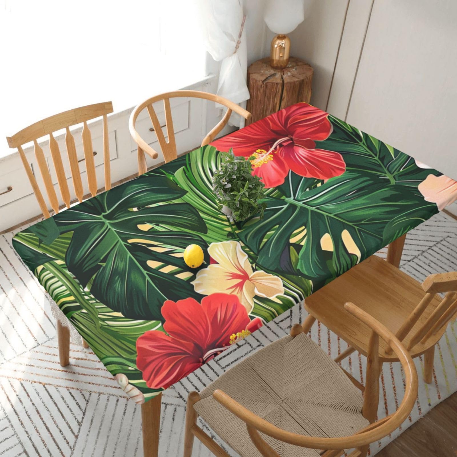 WPKJU Vegetation Leaves with Hibiscus Flowers Printed Tablecloths 5ft Rectangular Table Covers Washable Polyester Decorative Table Cloth for Dining Table Picnic Wedding