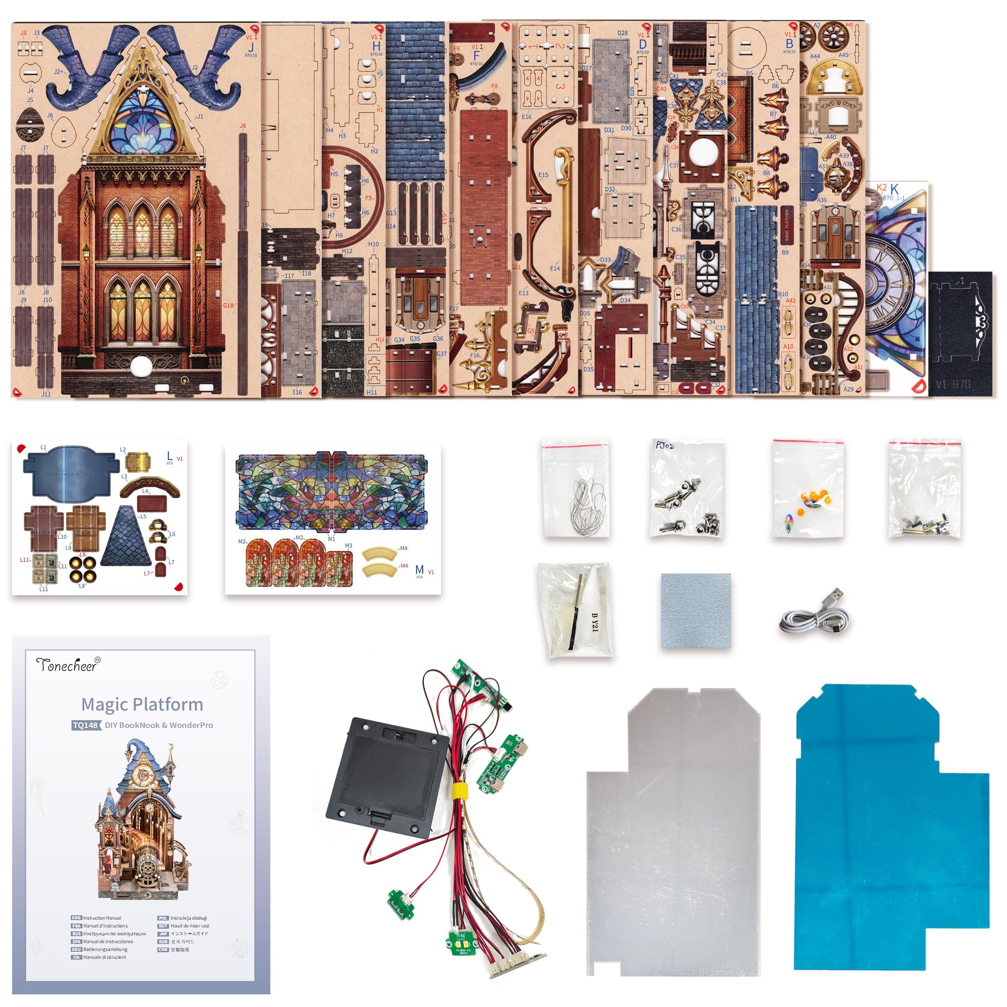 Tonecheer Puzzle 3D LED Book Nook Miniatura mágica interactiva con Espacio de expansión Infinito, Inserto DIY para estantería, decoración y Regalo Creativo (Estación Mágica)