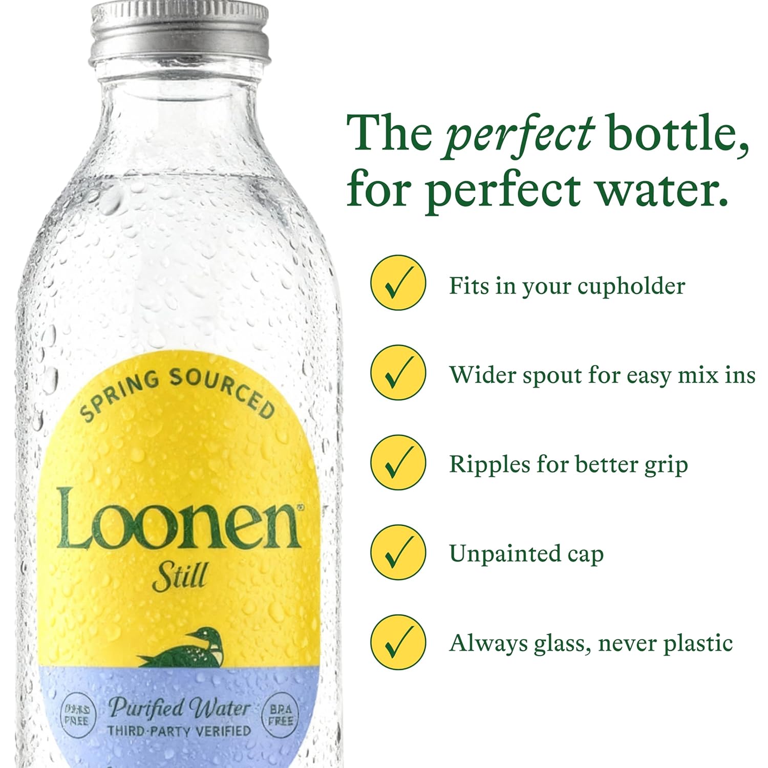 Loonen Still Spring Sourced Water, Glass Bottled with Minerals, Magnesium, Potassium, Calcium, Sodium, PFAS Free, Plastic Free, NSF Certified, American Made, Clean Hydration, Pack of 6, 750mL