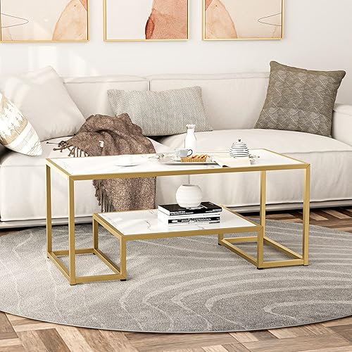 Miniatura 5 de Mesa auxiliar anidable dorada de alto brillo, mesa auxiliar de sofá de mármol sintético de 2 niveles con estante, mesita de noche con marco de metal